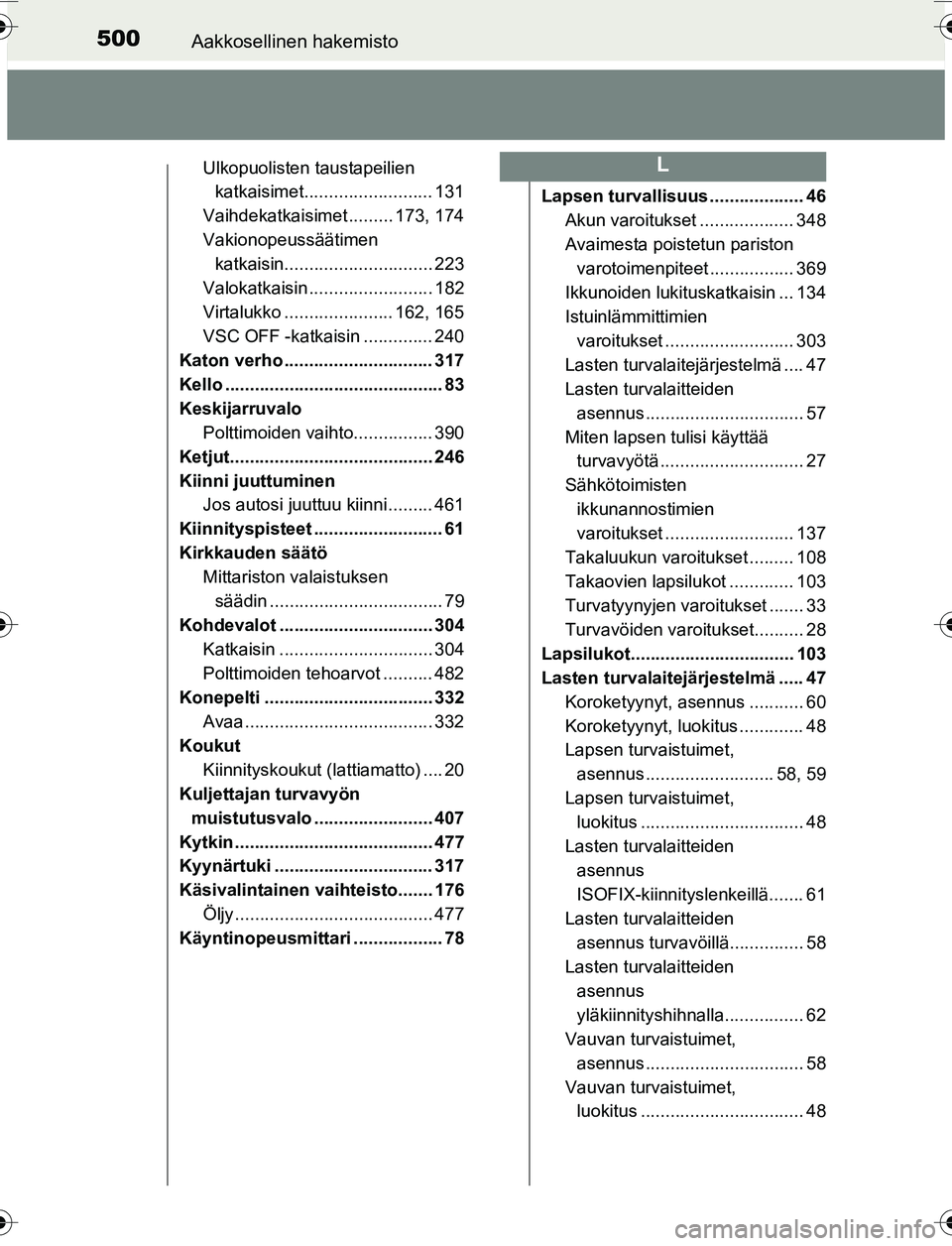 TOYOTA YARIS 2016  Omistajan Käsikirja (in Finnish) 500Aakkosellinen hakemisto
OM52G04FI
Ulkopuolisten taustapeilien katkaisimet.......................... 131
Vaihdekatkaisimet ......... 173, 174
Vakionopeussäätimen  katkaisin........................