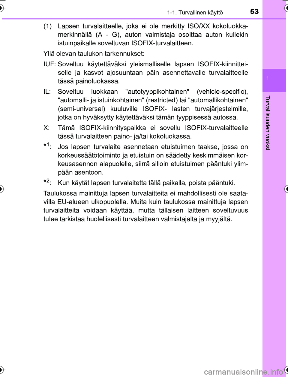 TOYOTA YARIS 2016 Omistajan Käsikirja (in Finnish) 531-1. Turvallinen käyttö
1
Turvallisuuden vuoksi
OM52G04FI
(1) Lapsen turvalaitteelle, joka ei ole merkitty ISO/XX kokoluokka-
merkinnällä (A - G), auton valmistaja osoittaa auton kullekin
istuin TOYOTA YARIS 2016 Omistajan Käsikirja (in Finnish) 531-1. Turvallinen käyttö
1
Turvallisuuden vuoksi
OM52G04FI
(1) Lapsen turvalaitteelle, joka ei ole merkitty ISO/XX kokoluokka-
merkinnällä (A - G), auton valmistaja osoittaa auton kullekin
istuin