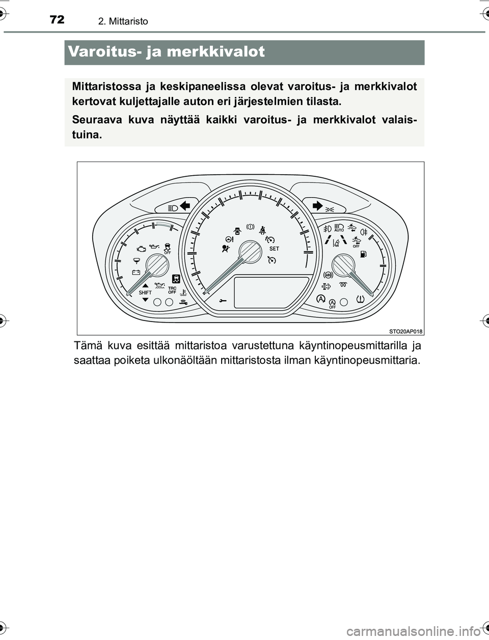 TOYOTA YARIS 2016 Omistajan Käsikirja (in Finnish) 722. Mittaristo
OM52G04FI
Varoitus- ja merkkivalot
Tämä kuva esittää mittaristoa varustettuna käyntinopeusmittarilla ja
saattaa poiketa ulkonäöltään mittaristosta ilman käyntinopeusmittaria. TOYOTA YARIS 2016 Omistajan Käsikirja (in Finnish) 722. Mittaristo
OM52G04FI
Varoitus- ja merkkivalot
Tämä kuva esittää mittaristoa varustettuna käyntinopeusmittarilla ja
saattaa poiketa ulkonäöltään mittaristosta ilman käyntinopeusmittaria.