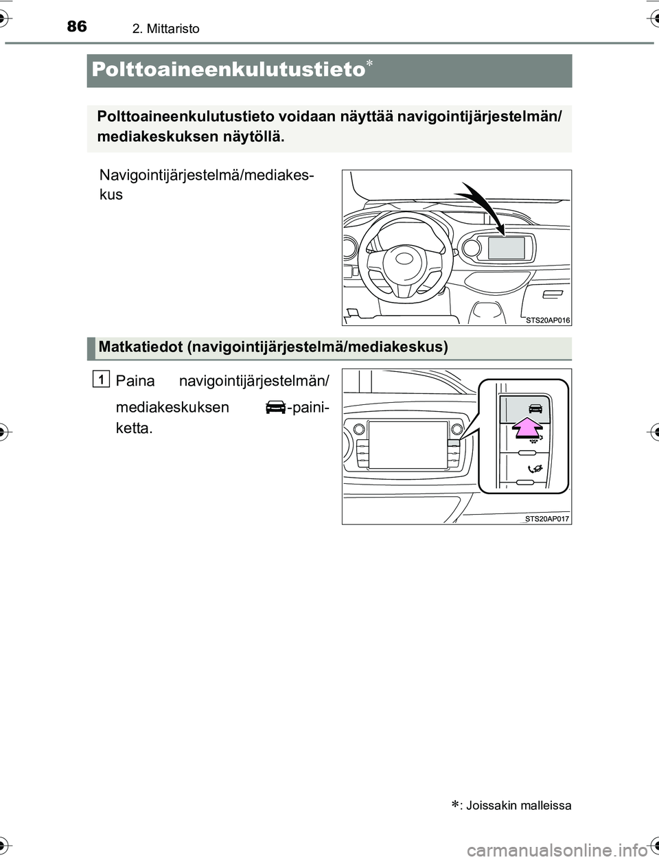 TOYOTA YARIS 2016 Omistajan Käsikirja (in Finnish) 862. Mittaristo
OM52G04FI
Polttoaineenkulutustieto
Navigointijärjestelmä/mediakes-
kusPaina navigointijärjestelmän/
mediakeskuksen -paini-
ketta.
: Joissakin malleissa
Polttoaineenkulutustie TOYOTA YARIS 2016 Omistajan Käsikirja (in Finnish) 862. Mittaristo
OM52G04FI
Polttoaineenkulutustieto
Navigointijärjestelmä/mediakes-
kusPaina navigointijärjestelmän/
mediakeskuksen -paini-
ketta.
: Joissakin malleissa
Polttoaineenkulutustie
