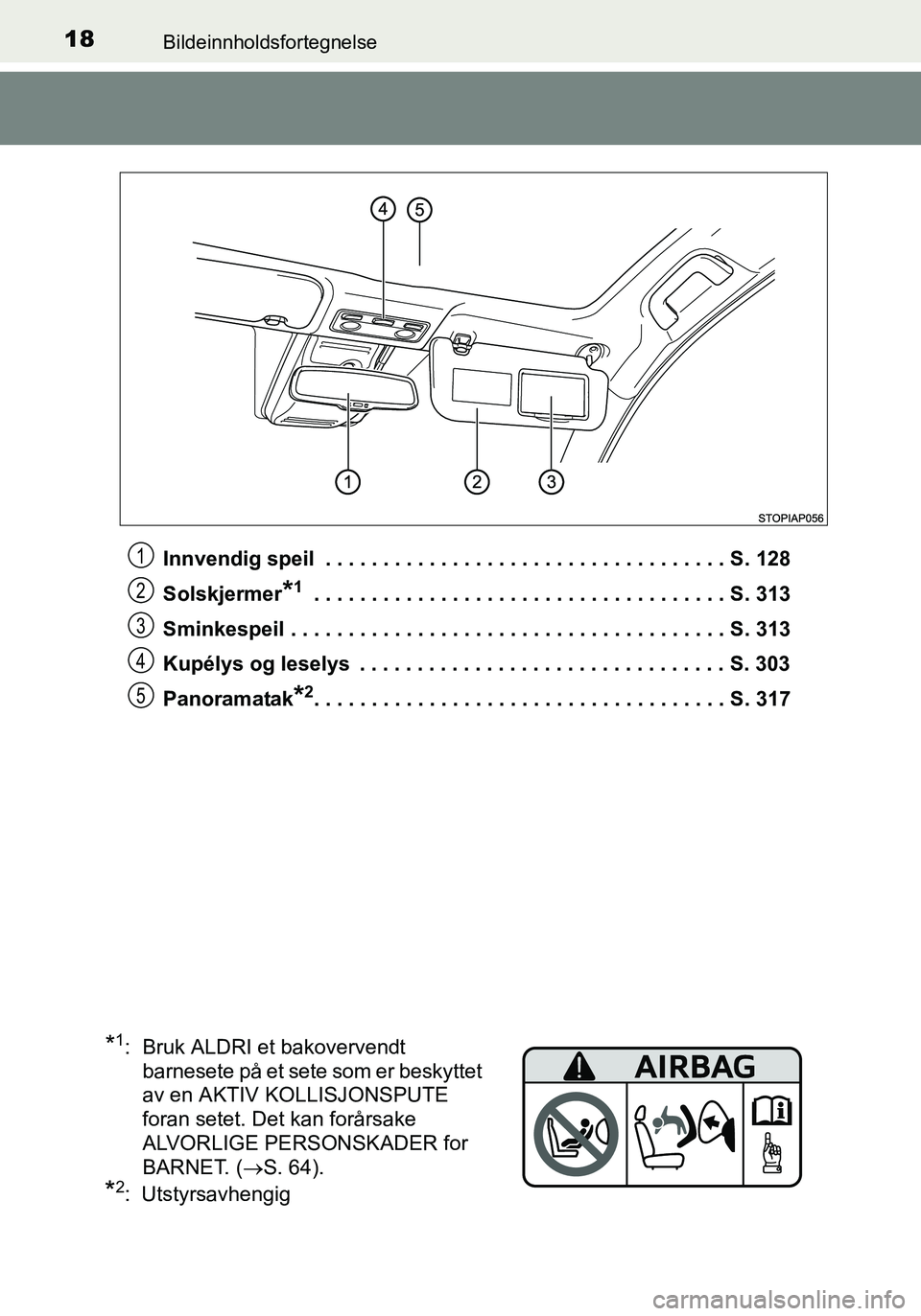 TOYOTA YARIS 2016 Instruksjoner for bruk (in Norwegian) 18Bildeinnholdsfortegnelse
OM52G04NOInnvendig speil . . . . . . . . . . . . . . . . . . . . . . . . . . . . . . . . . . . S. 128
Solskjermer
*1 . . . . . . . . . . . . . . . . . . . . . . . . . . . . TOYOTA YARIS 2016 Instruksjoner for bruk (in Norwegian) 18Bildeinnholdsfortegnelse
OM52G04NOInnvendig speil . . . . . . . . . . . . . . . . . . . . . . . . . . . . . . . . . . . S. 128
Solskjermer
*1 . . . . . . . . . . . . . . . . . . . . . . . . . . . .