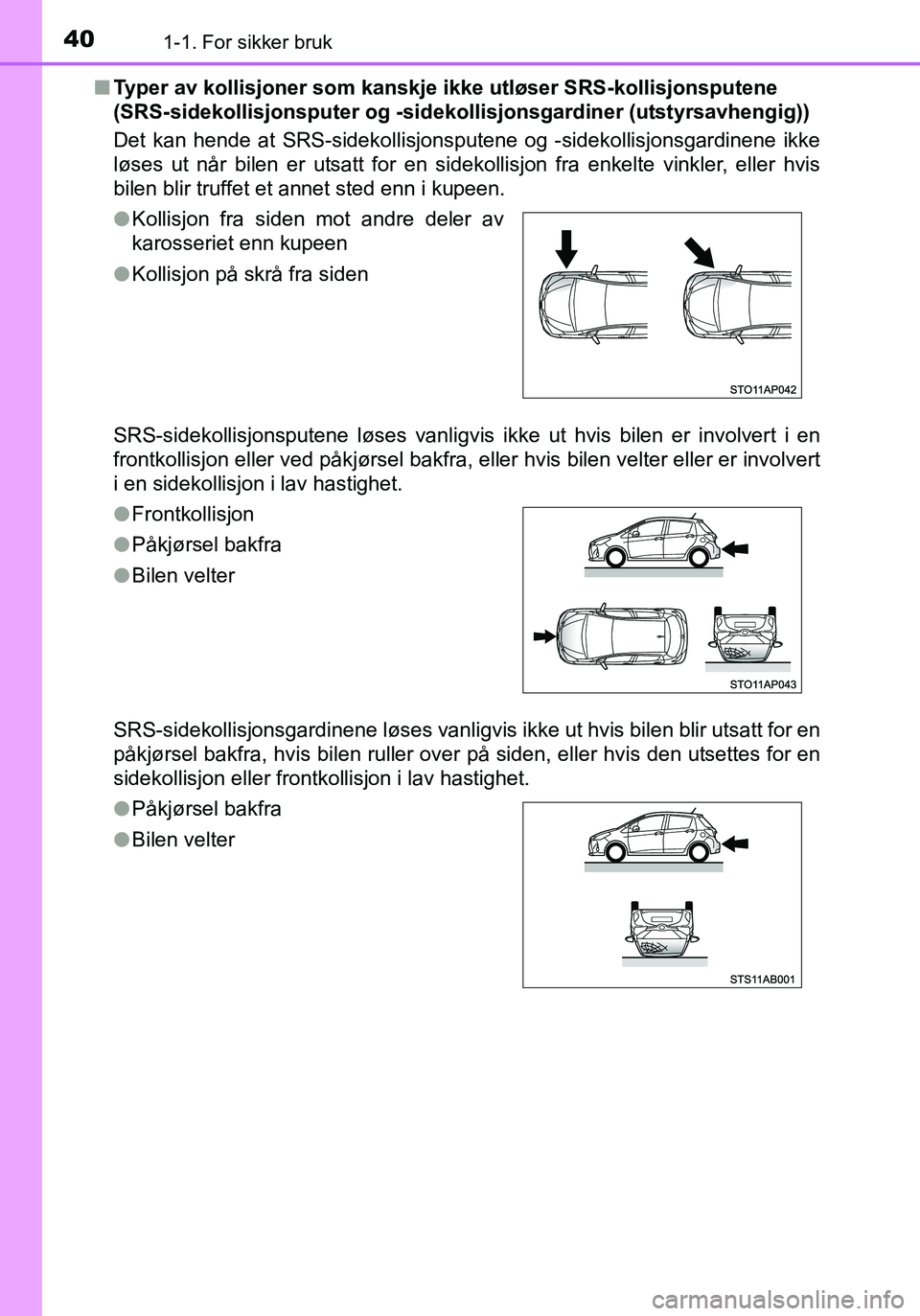 TOYOTA YARIS 2016 Instruksjoner for bruk (in Norwegian) 401-1. For sikker bruk
OM52G04NOn
Typer av kollisjoner som kanskje ikke utløser SRS-kollisjonsputene
(SRS-sidekollisjonspute r og -sidekollisjonsgardiner (utstyrsavhengig))
Det kan hende at SRS-side TOYOTA YARIS 2016 Instruksjoner for bruk (in Norwegian) 401-1. For sikker bruk
OM52G04NOn
Typer av kollisjoner som kanskje ikke utløser SRS-kollisjonsputene
(SRS-sidekollisjonspute r og -sidekollisjonsgardiner (utstyrsavhengig))
Det kan hende at SRS-side