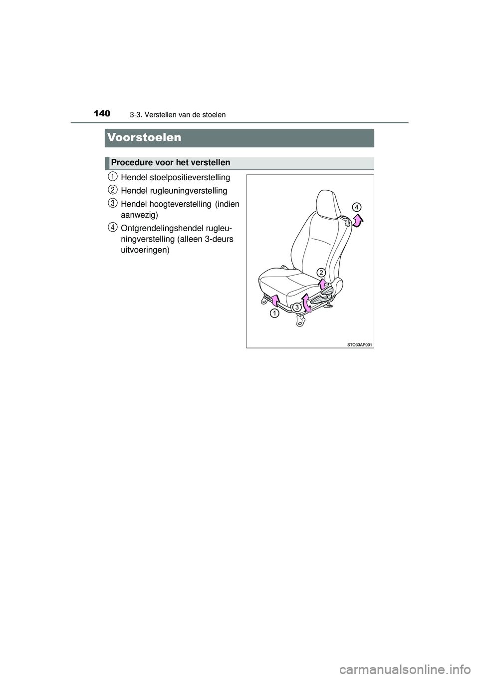 TOYOTA YARIS 2016 Instructieboekje (in Dutch) 1403-3. Verstellen van de stoelen
YARIS_F_WE_52G04NL
Voorstoelen
Hendel stoelpositieverstelling
Hendel rugleuningverstelling
Hendel hoogteverstelling (indien
aanwezig)
Ontgrendelingshendel rugleu-
nin TOYOTA YARIS 2016 Instructieboekje (in Dutch) 1403-3. Verstellen van de stoelen
YARIS_F_WE_52G04NL
Voorstoelen
Hendel stoelpositieverstelling
Hendel rugleuningverstelling
Hendel hoogteverstelling (indien
aanwezig)
Ontgrendelingshendel rugleu-
nin