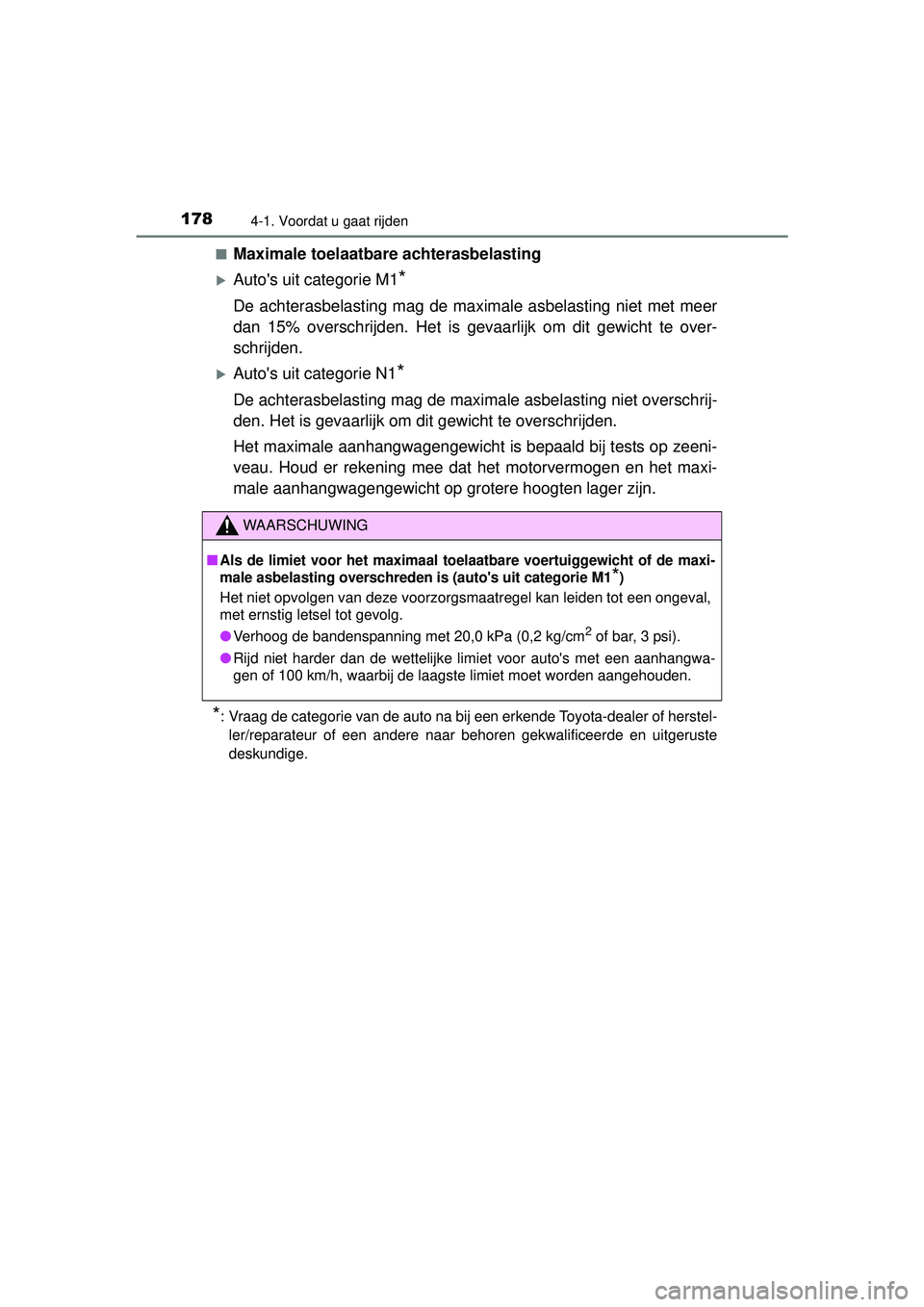 TOYOTA YARIS 2016 Instructieboekje (in Dutch) 1784-1. Voordat u gaat rijden
YARIS_F_WE_52G04NL■
Maximale toelaatbare achterasbelasting
Autos uit categorie M1*
De achterasbelasting mag de maximale asbelasting niet met meer
dan 15% overschrij TOYOTA YARIS 2016 Instructieboekje (in Dutch) 1784-1. Voordat u gaat rijden
YARIS_F_WE_52G04NL■
Maximale toelaatbare achterasbelasting
Autos uit categorie M1*
De achterasbelasting mag de maximale asbelasting niet met meer
dan 15% overschrij