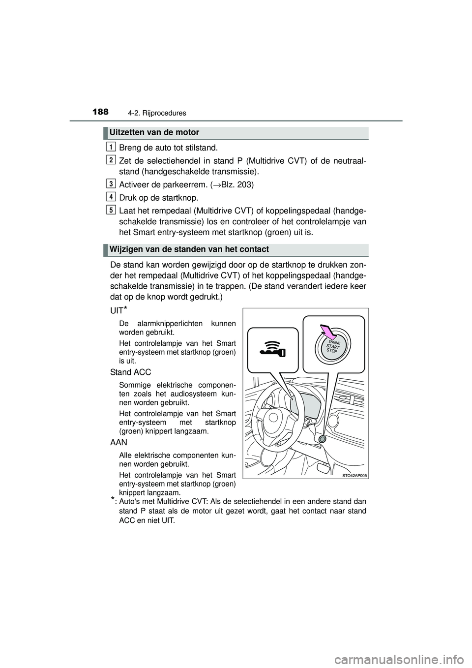 TOYOTA YARIS 2016 Instructieboekje (in Dutch) 1884-2. Rijprocedures
YARIS_F_WE_52G04NL
Breng de auto tot stilstand.
Zet de selectiehendel in stand P (Multidrive CVT) of de neutraal-
stand (handgeschakelde transmissie).
Activeer de parkeerrem. ( TOYOTA YARIS 2016 Instructieboekje (in Dutch) 1884-2. Rijprocedures
YARIS_F_WE_52G04NL
Breng de auto tot stilstand.
Zet de selectiehendel in stand P (Multidrive CVT) of de neutraal-
stand (handgeschakelde transmissie).
Activeer de parkeerrem. (