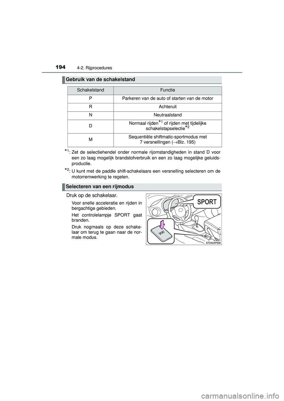 TOYOTA YARIS 2016 Instructieboekje (in Dutch) 1944-2. Rijprocedures
YARIS_F_WE_52G04NL
*1: Zet de selectiehendel onder normale rijomstandigheden in stand D vooreen zo laag mogelijk brandstofverbruik en een zo laag mogelijke geluids-
productie.
*2 TOYOTA YARIS 2016 Instructieboekje (in Dutch) 1944-2. Rijprocedures
YARIS_F_WE_52G04NL
*1: Zet de selectiehendel onder normale rijomstandigheden in stand D vooreen zo laag mogelijk brandstofverbruik en een zo laag mogelijke geluids-
productie.
*2