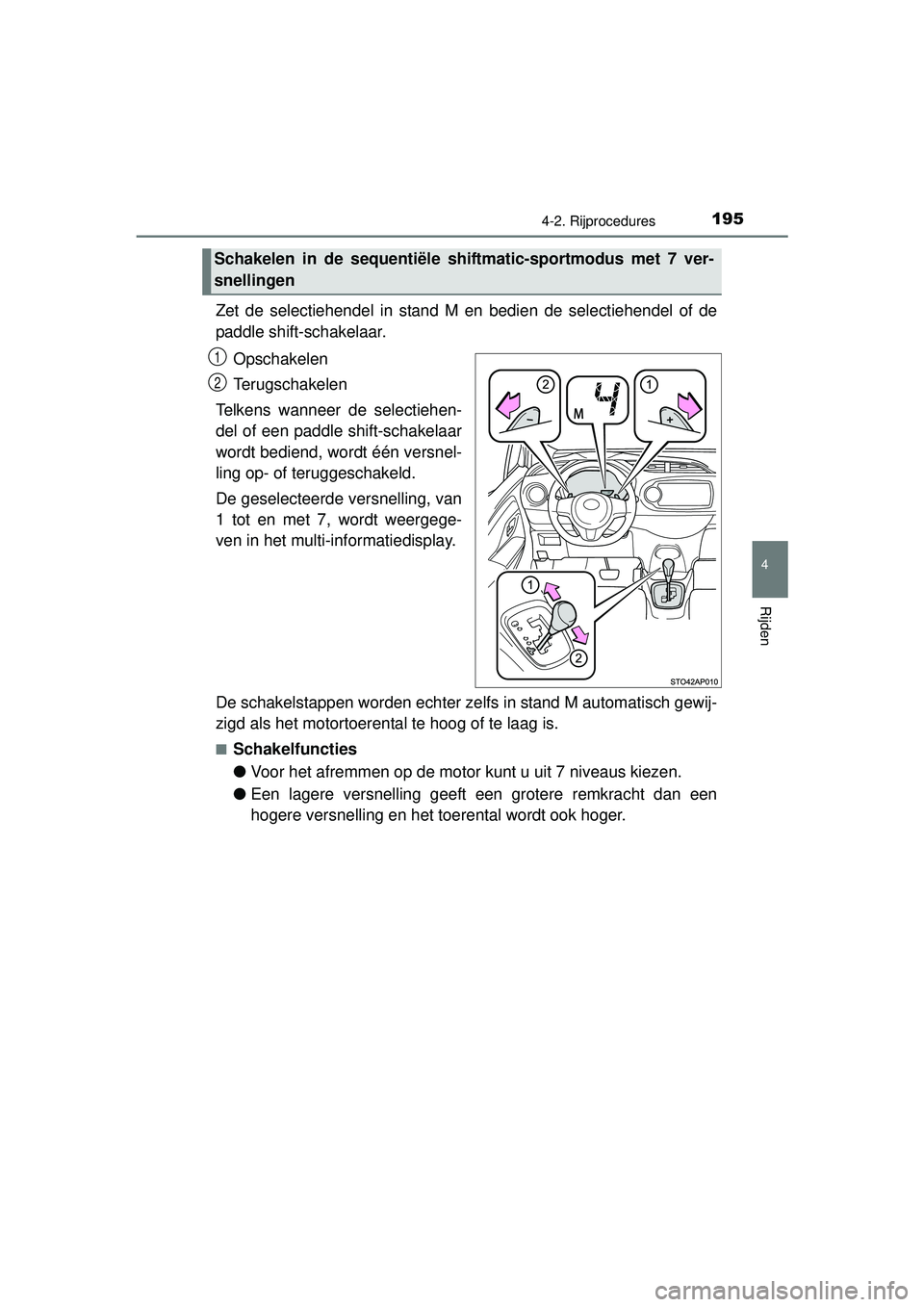 TOYOTA YARIS 2016 Instructieboekje (in Dutch) 1954-2. Rijprocedures
4
Rijden
YARIS_F_WE_52G04NL
Zet de selectiehendel in stand M en bedien de selectiehendel of de
paddle shift-schakelaar.Opschakelen
Terugschakelen
Telkens wanneer de selectiehen-
TOYOTA YARIS 2016 Instructieboekje (in Dutch) 1954-2. Rijprocedures
4
Rijden
YARIS_F_WE_52G04NL
Zet de selectiehendel in stand M en bedien de selectiehendel of de
paddle shift-schakelaar.Opschakelen
Terugschakelen
Telkens wanneer de selectiehen-