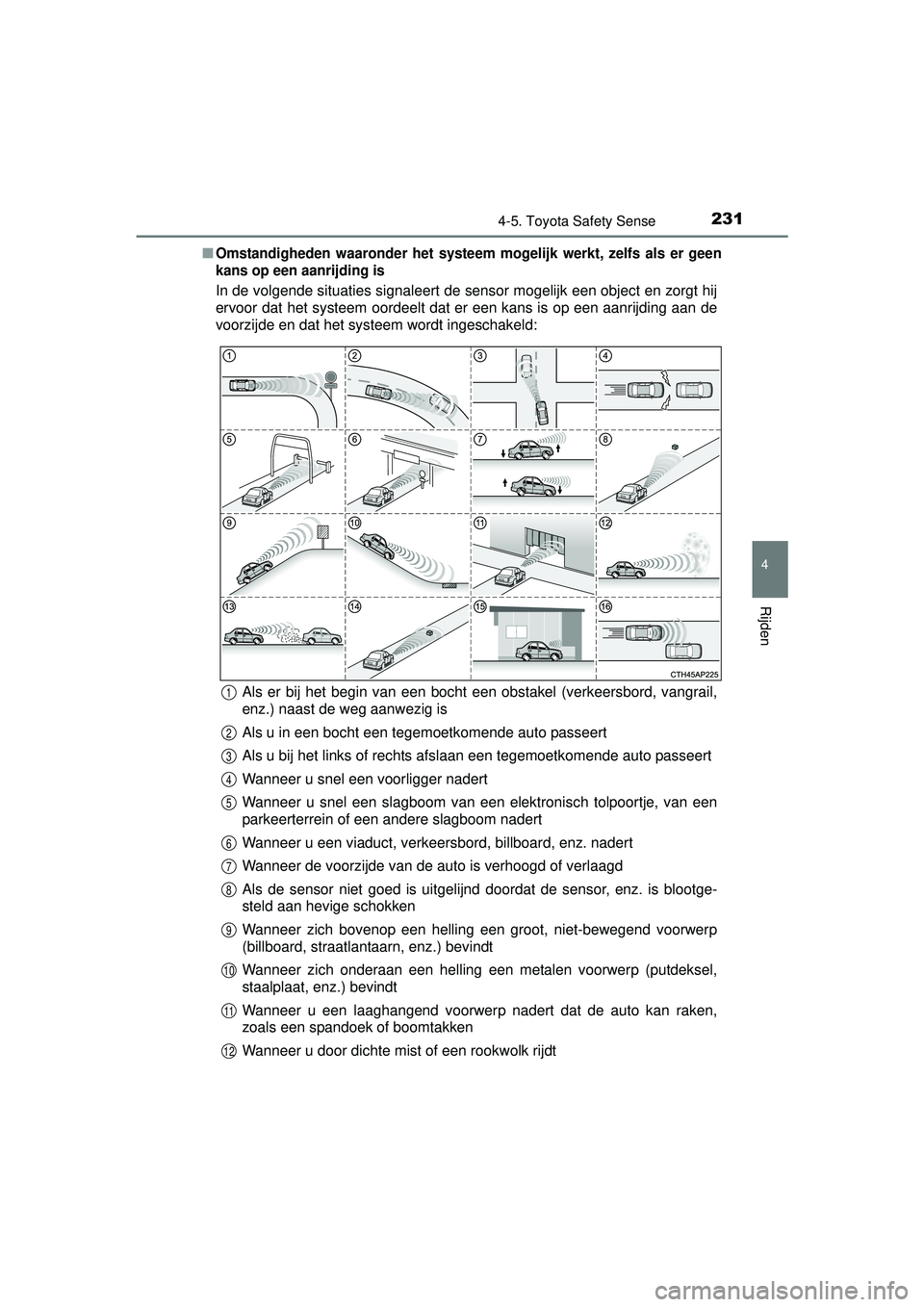 TOYOTA YARIS 2016  Instructieboekje (in Dutch) 2314-5. Toyota Safety Sense
4
Rijden
YARIS_F_WE_52G04NL■
Omstandigheden waaronder het systeem 
mogelijk werkt, zelfs als er geen
kans op een aanrijding is
In de volgende situaties signaleert de sens