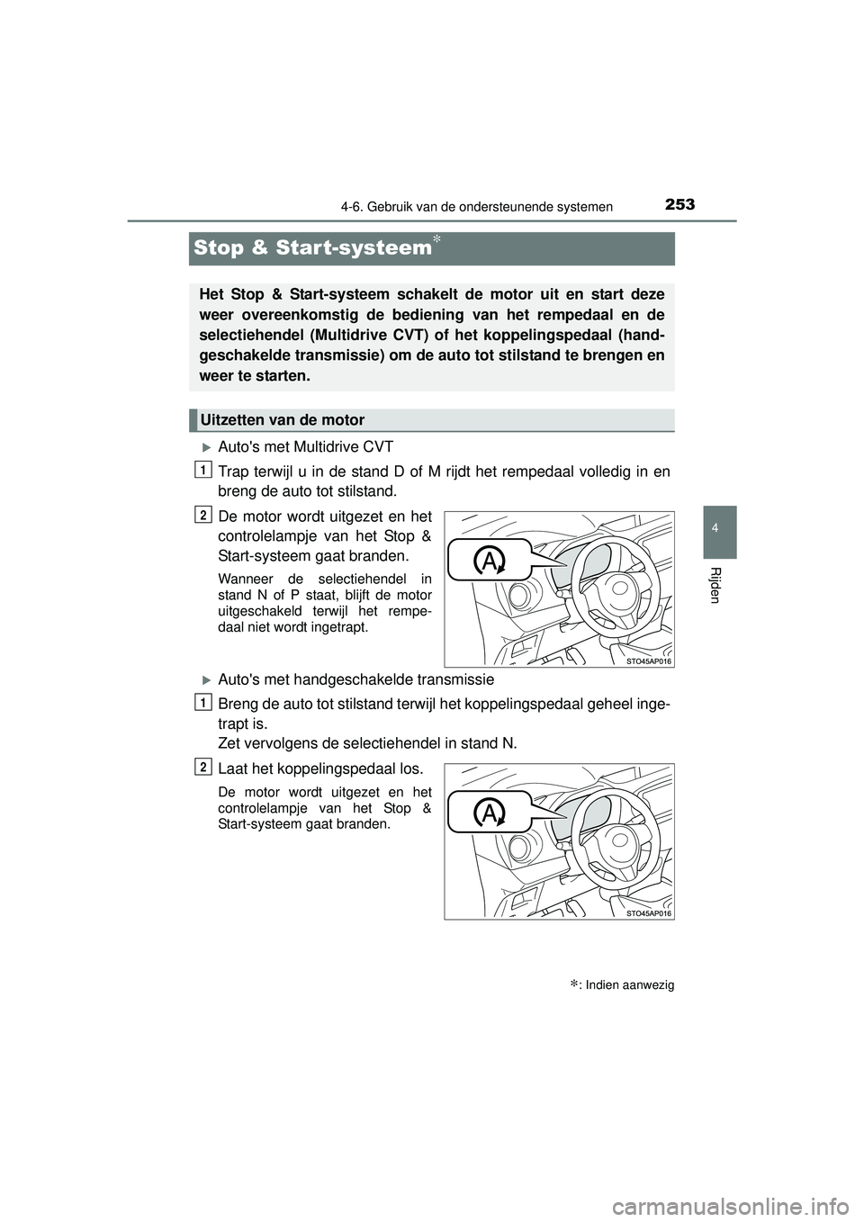 TOYOTA YARIS 2016  Instructieboekje (in Dutch) 253
4
4-6. Gebruik van de ondersteunende systemen
Rijden
YARIS_F_WE_52G04NL
Stop & Start-systeem∗
Autos met Multidrive CVT
Trap terwijl u in de stand D of M rijdt het rempedaal volledig in en
br
