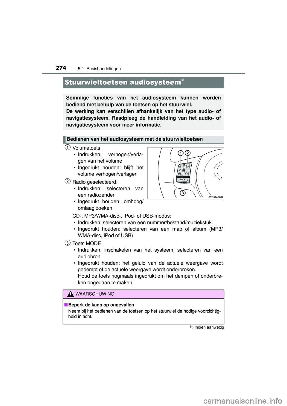 TOYOTA YARIS 2016  Instructieboekje (in Dutch) 2745-1. Basishandelingen
YARIS_F_WE_52G04NL
Stuurwieltoetsen audiosysteem∗
Vo l u m e t o e ts :• Indrukken: verhogen/verla- gen van het volume
• Ingedrukt houden: blijft het volume verhogen/ver