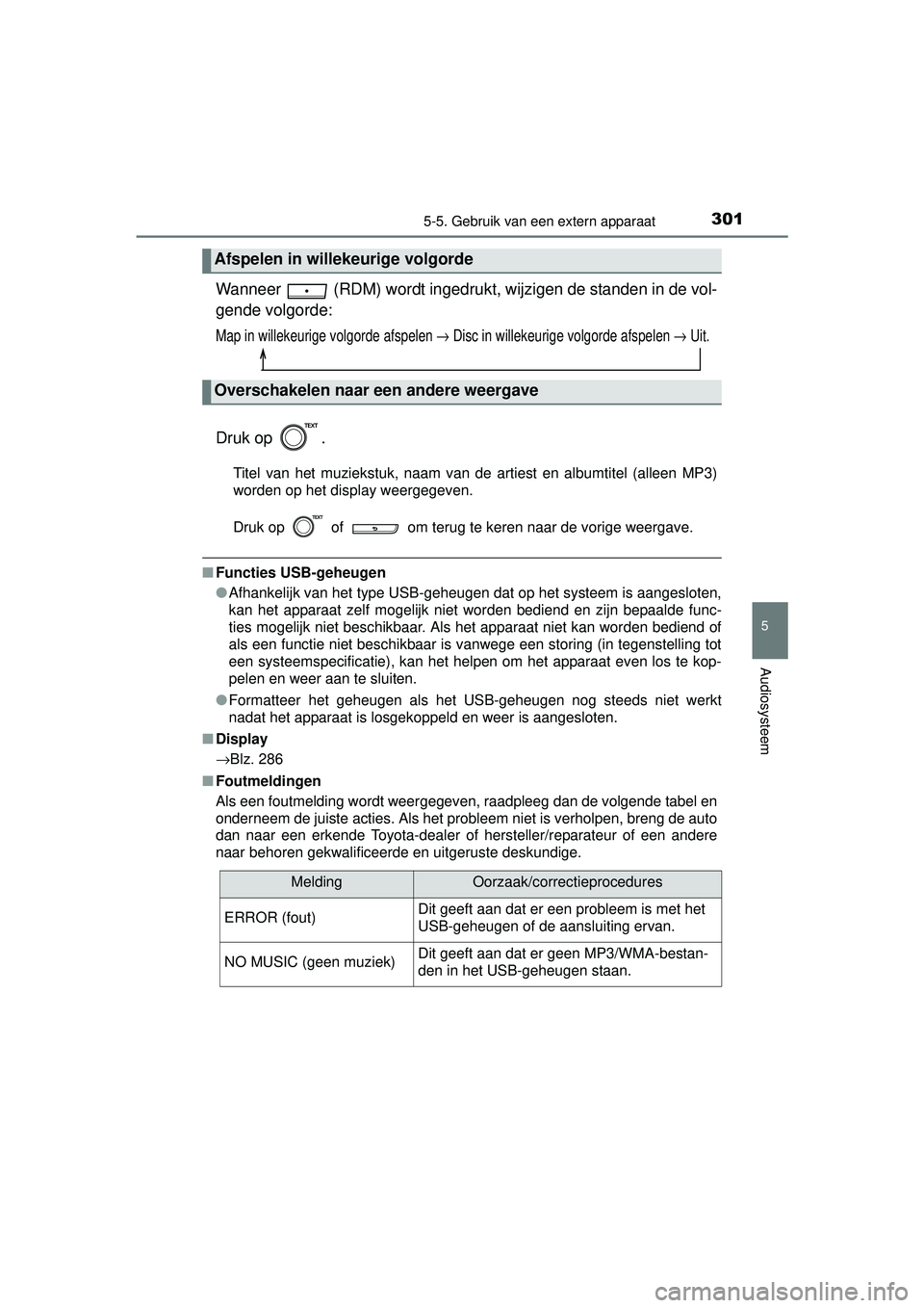 TOYOTA YARIS 2016  Instructieboekje (in Dutch) 3015-5. Gebruik van een extern apparaat
5
Audiosysteem
YARIS_F_WE_52G04NL
Wanneer   (RDM) wordt ingedrukt, wijzigen de standen in de vol-
gende volgorde:
Map in willekeurige volgorde afspelen → Disc