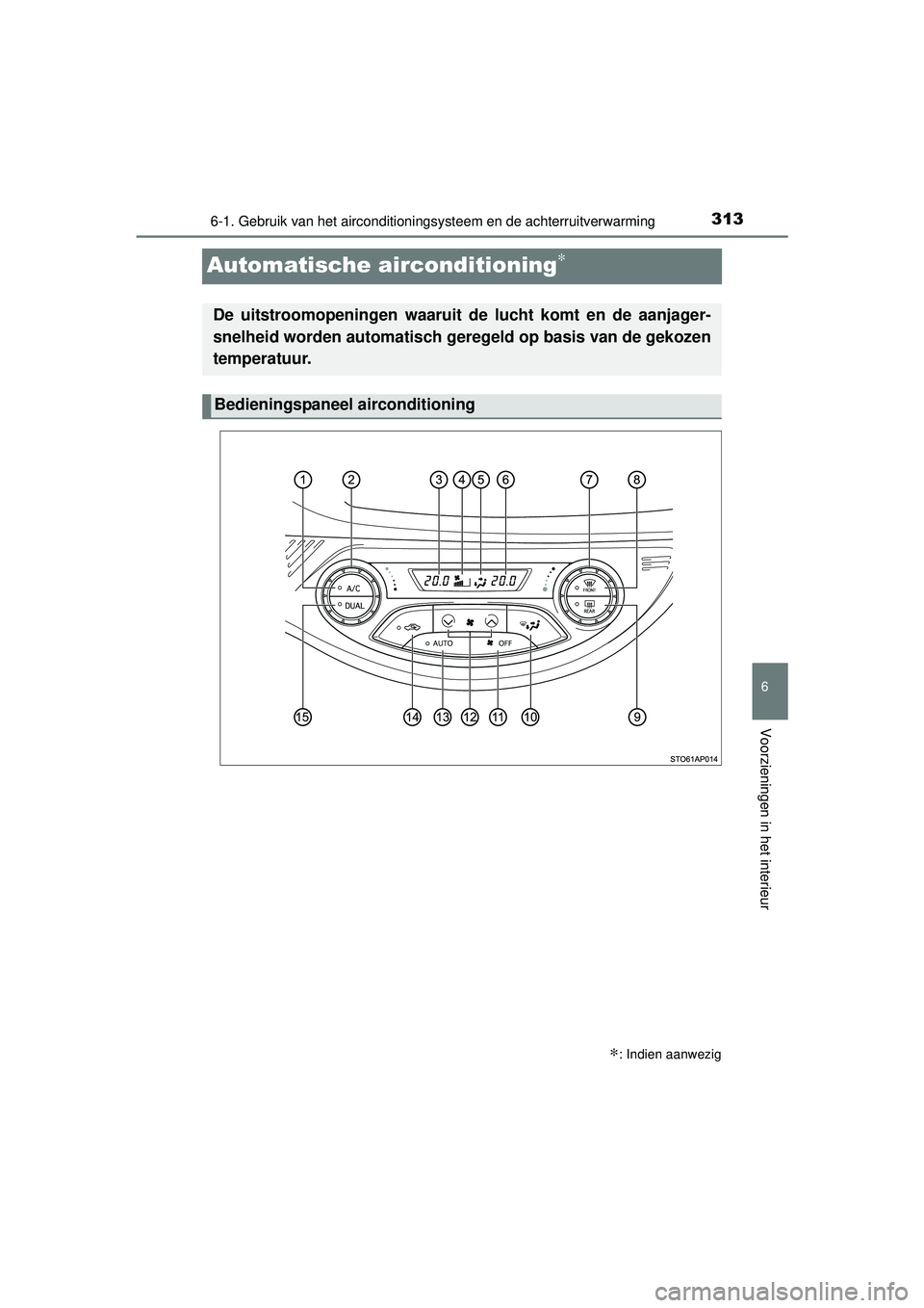 TOYOTA YARIS 2016  Instructieboekje (in Dutch) 3136-1. Gebruik van het airconditioningsysteem en de achterruitverwarming
6
Voorzieningen in het interieur
YARIS_F_WE_52G04NL
Automatische airconditioning∗
∗: Indien aanwezig
De uitstroomopeningen