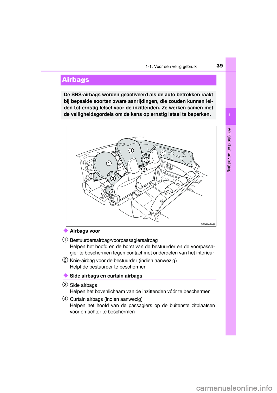 TOYOTA YARIS 2016  Instructieboekje (in Dutch) 391-1. Voor een veilig gebruik
1
Veiligheid en beveiliging
YARIS_F_WE_52G04NL
Airbags
◆Airbags voor
Bestuurdersairbag/voorpassagiersairbag
Helpen het hoofd en de borst van de bestuurder en de voorpa