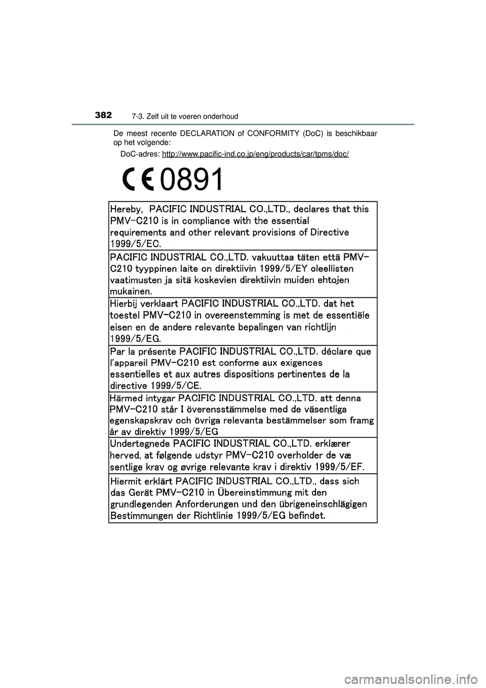 TOYOTA YARIS 2016  Instructieboekje (in Dutch) 3827-3. Zelf uit te voeren onderhoud
YARIS_F_WE_52G04NLDe meest recente DECLARATION of CONFORMITY (DoC) is beschikbaar
op het volgende:
DoC-adres: http://www.pacific-ind.co.jp/eng/products/car/tpms/do
