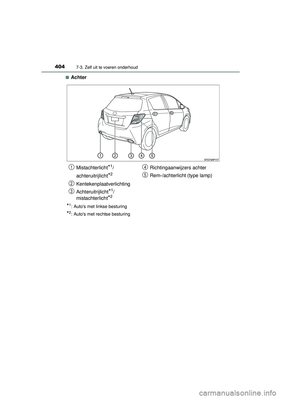 TOYOTA YARIS 2016  Instructieboekje (in Dutch) 4047-3. Zelf uit te voeren onderhoud
YARIS_F_WE_52G04NL■
Achter
*1: Autos met linkse besturing
*2: Autos met rechtse besturing
Mistachterlicht*1/
achteruitrijlicht
*2
Kentekenplaat verlichting
Ach