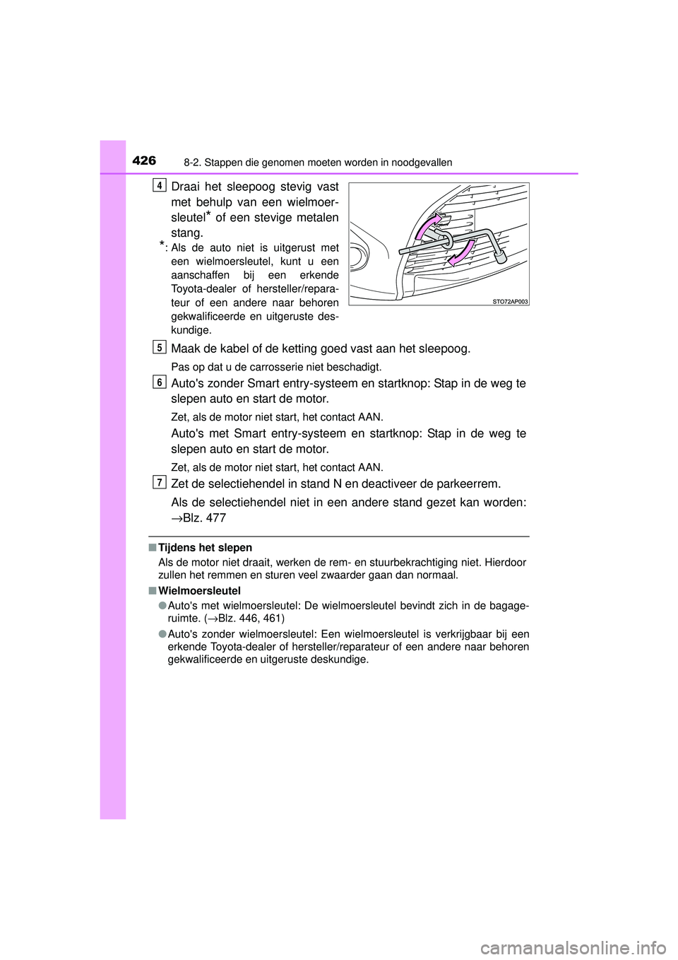 TOYOTA YARIS 2016  Instructieboekje (in Dutch) 4268-2. Stappen die genomen moeten worden in noodgevallen
YARIS_F_WE_52G04NL
Draai het sleepoog stevig vast
met behulp van een wielmoer-
sleutel
* of een stevige metalen
stang.
*: Als de auto niet is 