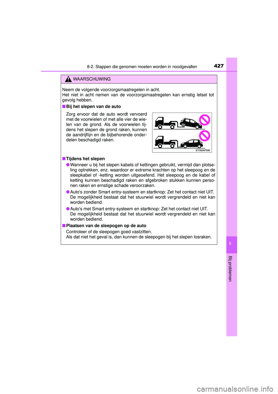 TOYOTA YARIS 2016  Instructieboekje (in Dutch) 4278-2. Stappen die genomen moeten worden in noodgevallen
8
Bij problemen
YARIS_F_WE_52G04NL
WAARSCHUWING
Neem de volgende voorzorgsmaatregelen in acht. 
Het niet in acht nemen van de voorzorgsmaatreg