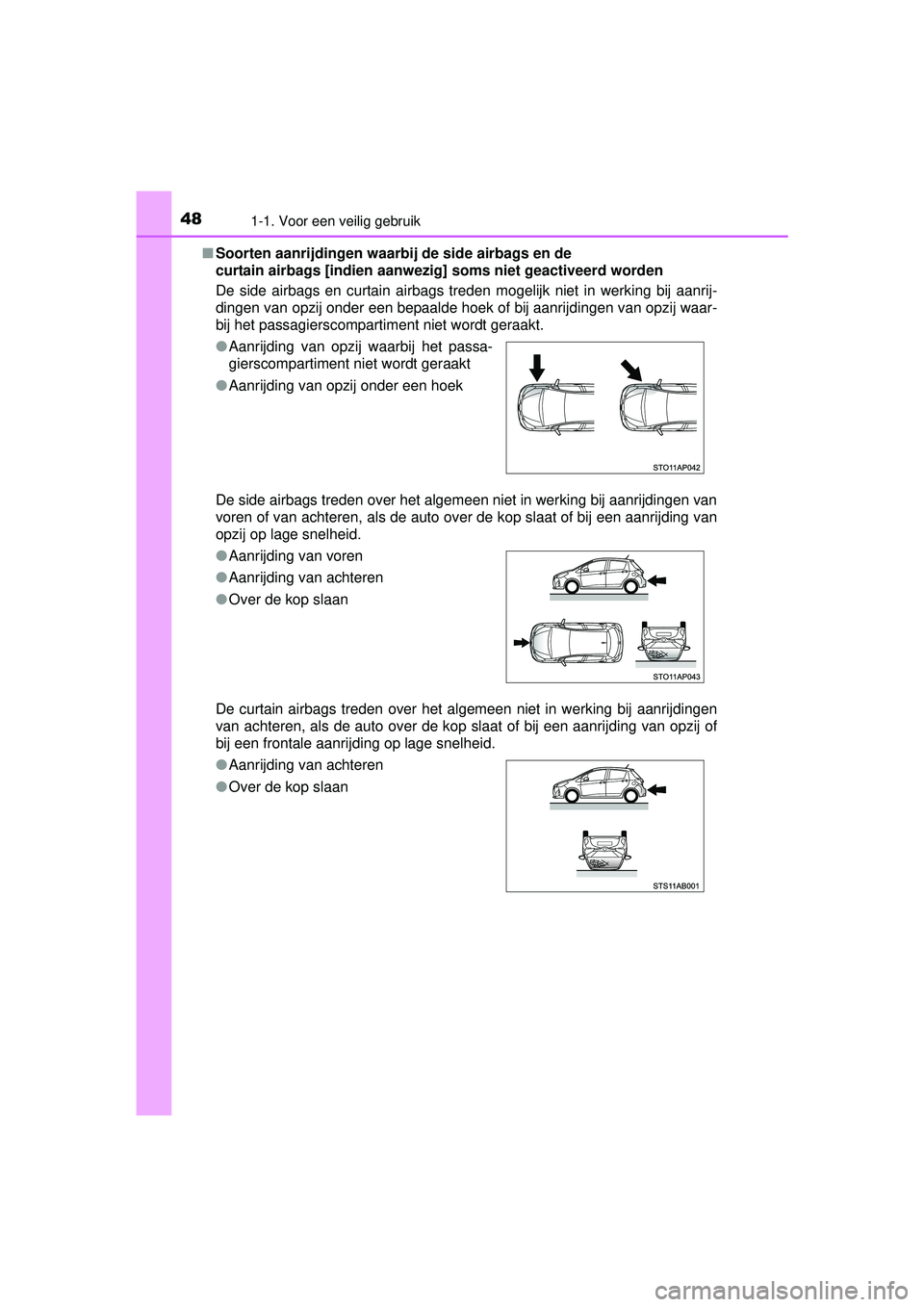 TOYOTA YARIS 2016  Instructieboekje (in Dutch) 481-1. Voor een veilig gebruik
YARIS_F_WE_52G04NL■
Soorten aanrijdingen waarbij de side airbags en de 
curtain airbags [indien aanwezig]  soms niet geactiveerd worden
De side airbags en curtain airb