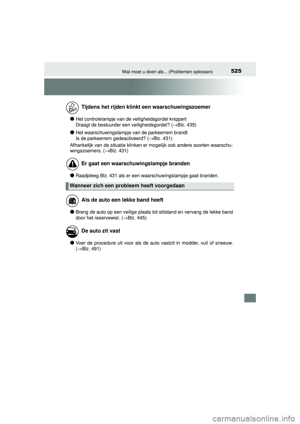 TOYOTA YARIS 2016  Instructieboekje (in Dutch) 525Wat moet u doen als... (Problemen oplossen)
YARIS_F_WE_52G04NL
●Het controlelampje van de veiligheidsgordel knippert 
Draagt de bestuurder een veiligheidsgordel? (→Blz. 435)
●Het waarschuwing