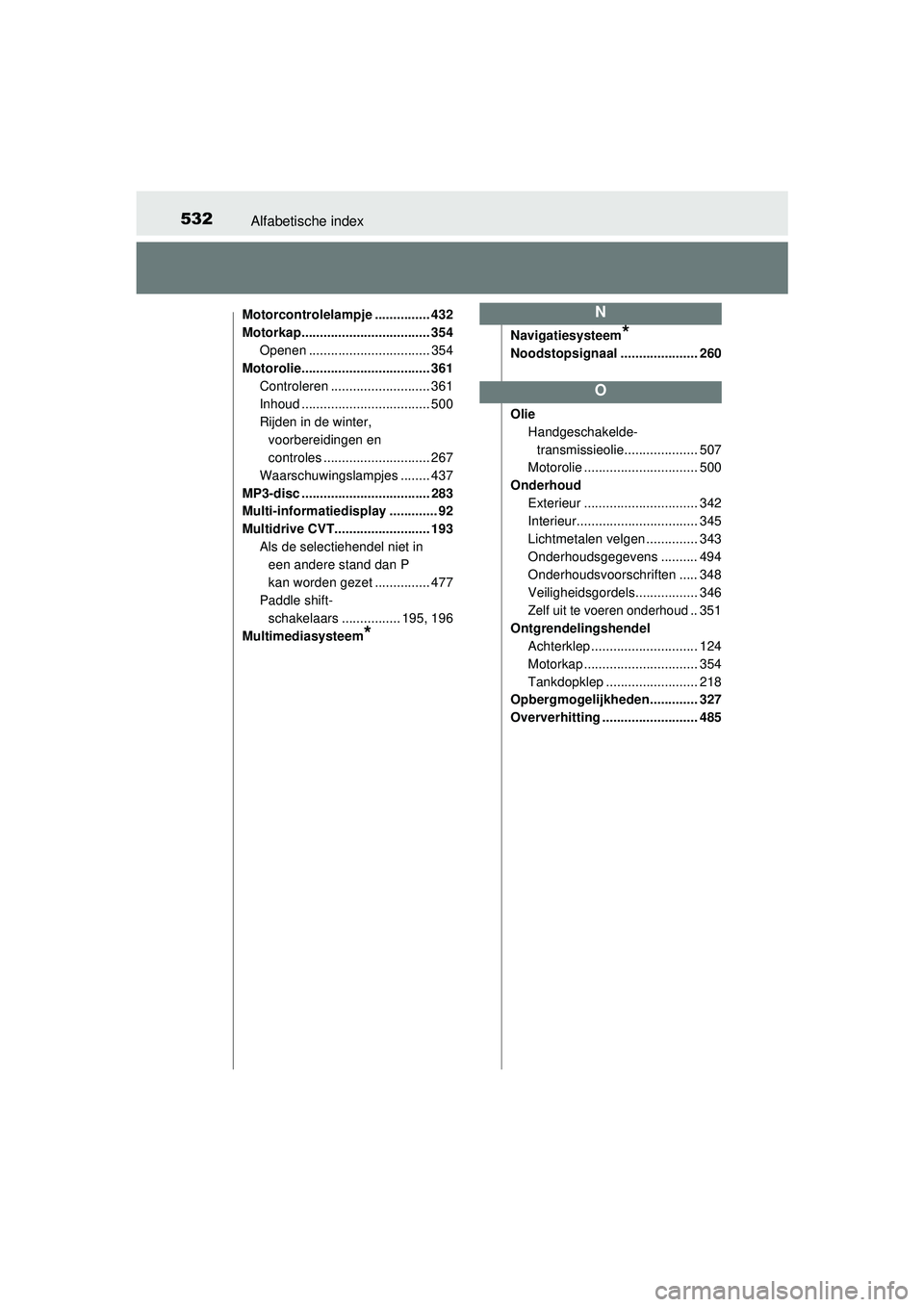 TOYOTA YARIS 2016  Instructieboekje (in Dutch) 532Alfabetische index
YARIS_F_WE_52G04NL
Motorcontrolelampje ............... 432
Motorkap................................... 354Openen ................................. 354
Motorolie..................