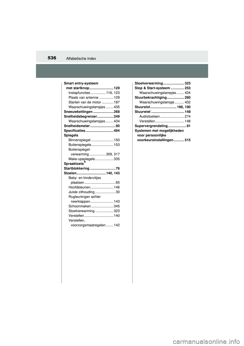 TOYOTA YARIS 2016  Instructieboekje (in Dutch) 536Alfabetische index
YARIS_F_WE_52G04NL
Smart entry-systeem met startknop......................... 129
Instapfuncties ................ 116, 123
Plaats van antenne ............... 129
Starten van de m