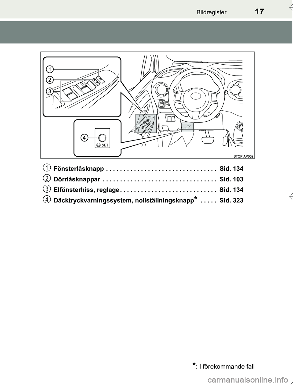 TOYOTA YARIS 2016 Bruksanvisningar (in Swedish) 17Bildregister
OM52G76SEFönsterlåsknapp . . . . . . . . . . . . . . . . . . . . . . . . . . . . . . . . Sid. 134
Dörrlåsknappar . . . . . . . . . . . . . . . . . . . . . . . . . . . . . . . . . TOYOTA YARIS 2016 Bruksanvisningar (in Swedish) 17Bildregister
OM52G76SEFönsterlåsknapp . . . . . . . . . . . . . . . . . . . . . . . . . . . . . . . . Sid. 134
Dörrlåsknappar . . . . . . . . . . . . . . . . . . . . . . . . . . . . . . . . .