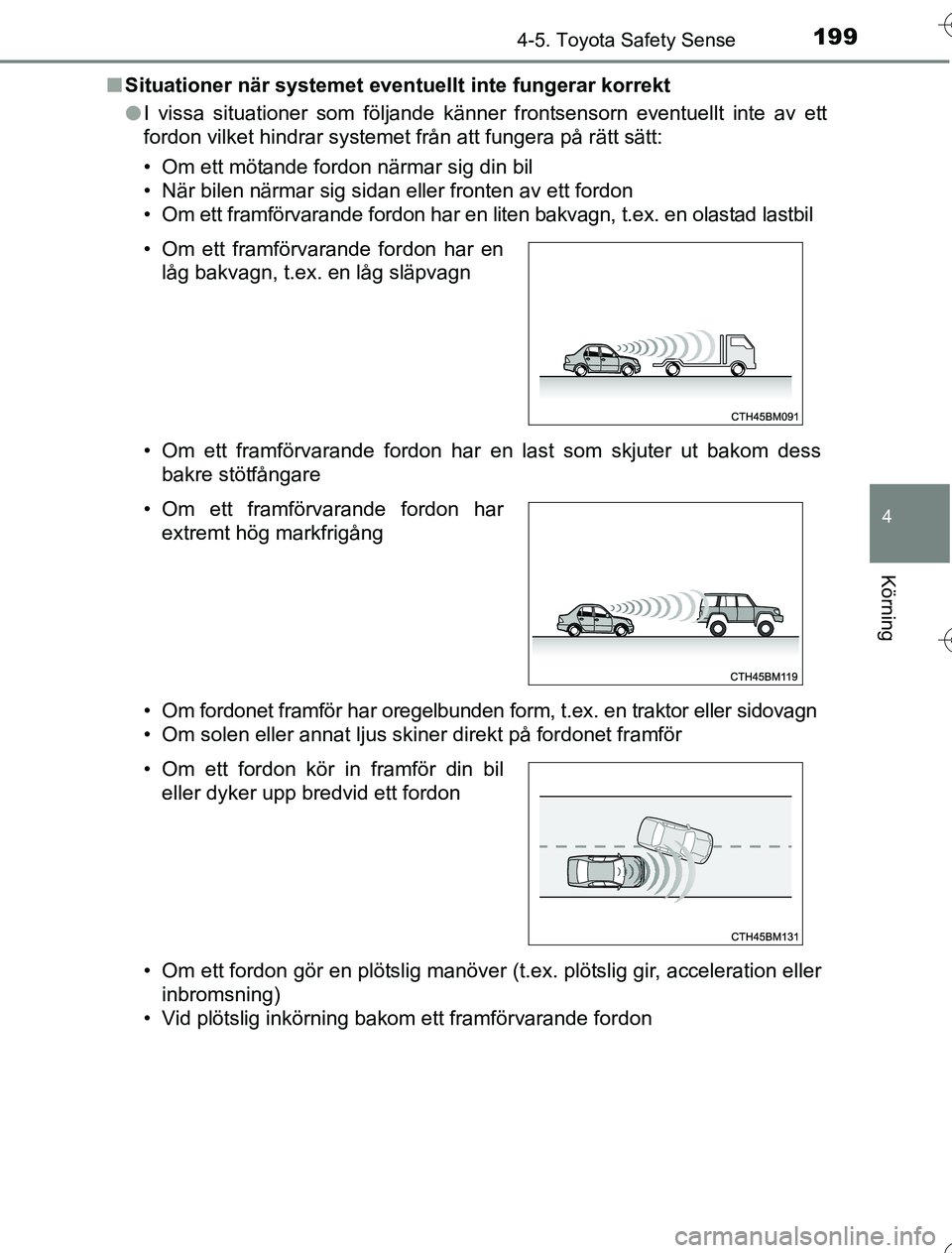 TOYOTA YARIS 2016 Bruksanvisningar (in Swedish) 1994-5. Toyota Safety Sense
4
Körning
OM52G76SEn
Situationer när systemet eventu ellt inte fungerar korrekt
l I vissa situationer som följande känner frontsensorn eventuellt inte av ett
fordon vil TOYOTA YARIS 2016 Bruksanvisningar (in Swedish) 1994-5. Toyota Safety Sense
4
Körning
OM52G76SEn
Situationer när systemet eventu ellt inte fungerar korrekt
l I vissa situationer som följande känner frontsensorn eventuellt inte av ett
fordon vil