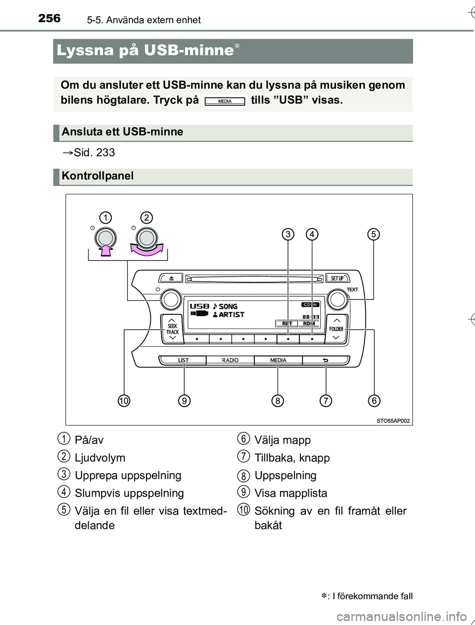 TOYOTA YARIS 2016 Bruksanvisningar (in Swedish) 2565-5. Använda extern enhet
OM52G76SE
Lyssna på USB-minne
Sid. 233
: I förekommande fall
Om du ansluter ett USB-minne kan du lyssna på musiken genom
bilens högtalare. Tryck på tills TOYOTA YARIS 2016 Bruksanvisningar (in Swedish) 2565-5. Använda extern enhet
OM52G76SE
Lyssna på USB-minne
Sid. 233
: I förekommande fall
Om du ansluter ett USB-minne kan du lyssna på musiken genom
bilens högtalare. Tryck på tills