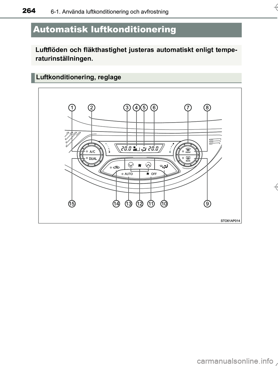 TOYOTA YARIS 2016 Bruksanvisningar (in Swedish) 2646-1. Använda luftkonditionering och avfrostning
OM52G76SE
Automatisk luftkonditionering
Luftflöden och fläkthastighet justeras automatiskt enligt tempe-
raturinställningen.
Luftkonditionering, TOYOTA YARIS 2016 Bruksanvisningar (in Swedish) 2646-1. Använda luftkonditionering och avfrostning
OM52G76SE
Automatisk luftkonditionering
Luftflöden och fläkthastighet justeras automatiskt enligt tempe-
raturinställningen.
Luftkonditionering,
