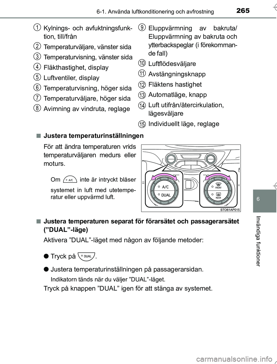 TOYOTA YARIS 2016 Bruksanvisningar (in Swedish) 2656-1. Använda luftkonditionering och avfrostning
6
Invändiga funktioner
OM52G76SEn
Justera temperaturinställningen
För att ändra temperaturen vrids
temperaturväljaren medurs eller
moturs.
Om TOYOTA YARIS 2016 Bruksanvisningar (in Swedish) 2656-1. Använda luftkonditionering och avfrostning
6
Invändiga funktioner
OM52G76SEn
Justera temperaturinställningen
För att ändra temperaturen vrids
temperaturväljaren medurs eller
moturs.
Om
