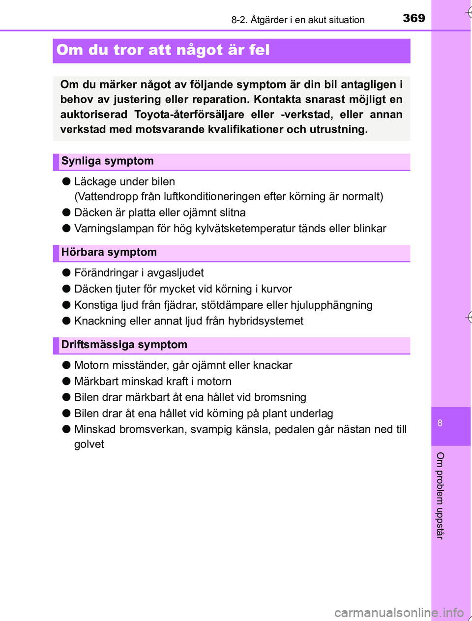 TOYOTA YARIS 2016  Bruksanvisningar (in Swedish) 3698-2. Åtgärder i en akut situation
8
Om problem uppstår
OM52G76SE
Om du tror att något är fel
lLäckage under bilen
(Vattendropp från luftkonditioneringen efter körning är normalt)
l Däcken