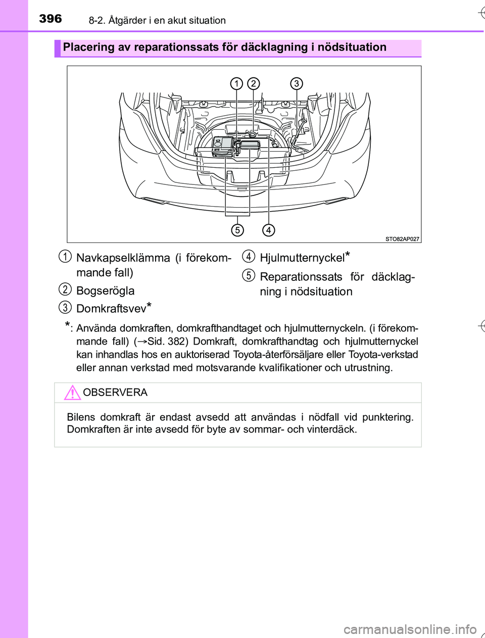 TOYOTA YARIS 2016 Bruksanvisningar (in Swedish) 3968-2. Åtgärder i en akut situation
OM52G76SE
*: Använda domkraften, domkrafthandtaget och hjulmutternyckeln. (i förekom-mande fall) ( Sid. 382) Domkraft, domkrafthandtag och hjulmutternyckel
TOYOTA YARIS 2016 Bruksanvisningar (in Swedish) 3968-2. Åtgärder i en akut situation
OM52G76SE
*: Använda domkraften, domkrafthandtaget och hjulmutternyckeln. (i förekom-mande fall) ( Sid. 382) Domkraft, domkrafthandtag och hjulmutternyckel