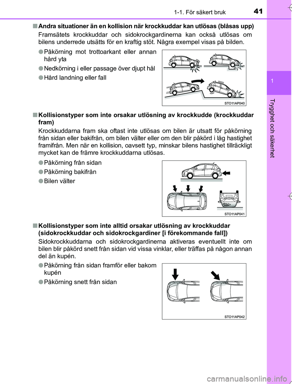 TOYOTA YARIS 2016 Bruksanvisningar (in Swedish) 411-1. För säkert bruk
1
Trygghet och säkerhet
OM52G76SEn
Andra situationer än en kollision nä r krockkuddar kan utlösas (blåsas upp)
Framsätets krockkuddar och sidokrockgardinerna kan också TOYOTA YARIS 2016 Bruksanvisningar (in Swedish) 411-1. För säkert bruk
1
Trygghet och säkerhet
OM52G76SEn
Andra situationer än en kollision nä r krockkuddar kan utlösas (blåsas upp)
Framsätets krockkuddar och sidokrockgardinerna kan också