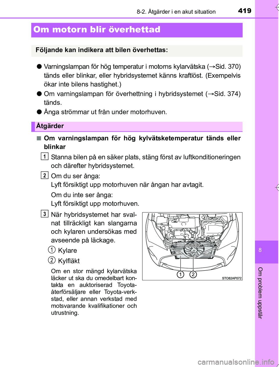 TOYOTA YARIS 2016 Bruksanvisningar (in Swedish) 4198-2. Åtgärder i en akut situation
8
Om problem uppstår
OM52G76SE
Om motorn blir överhettad
lVarningslampan för hög temperatur i motorns kylarvätska ( Sid. 370)
tänds eller blinkar, eller TOYOTA YARIS 2016 Bruksanvisningar (in Swedish) 4198-2. Åtgärder i en akut situation
8
Om problem uppstår
OM52G76SE
Om motorn blir överhettad
lVarningslampan för hög temperatur i motorns kylarvätska ( Sid. 370)
tänds eller blinkar, eller