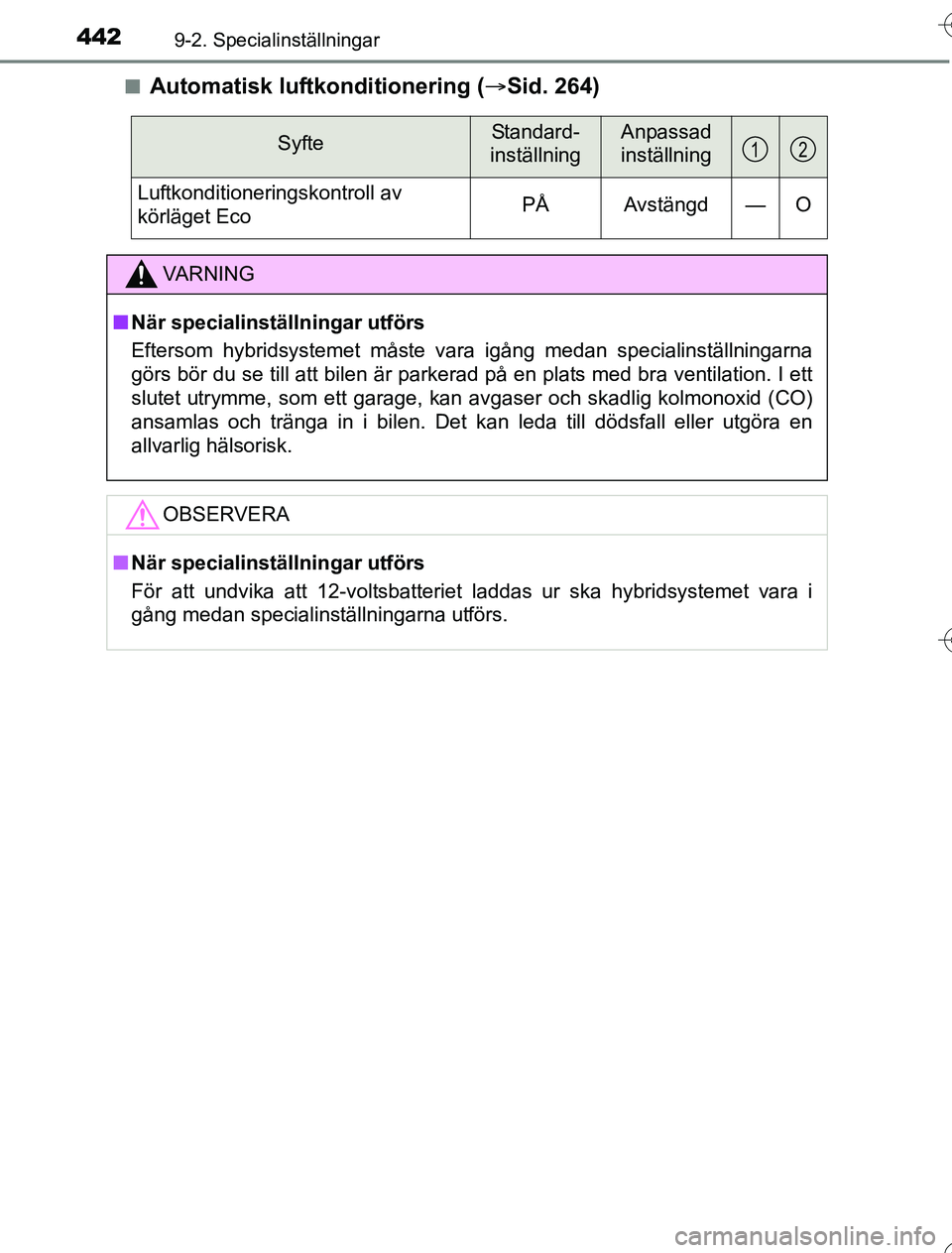 TOYOTA YARIS 2016 Bruksanvisningar (in Swedish) 4429-2. Specialinställningar
OM52G76SEn
Automatisk luftkonditionering (
Sid. 264)
SyfteStandard-
inställningAnpassad
inställning
Luftkonditioneringskontroll av
körläget Eco PÅ Avstängd — TOYOTA YARIS 2016 Bruksanvisningar (in Swedish) 4429-2. Specialinställningar
OM52G76SEn
Automatisk luftkonditionering (
Sid. 264)
SyfteStandard-
inställningAnpassad
inställning
Luftkonditioneringskontroll av
körläget Eco PÅ Avstängd —