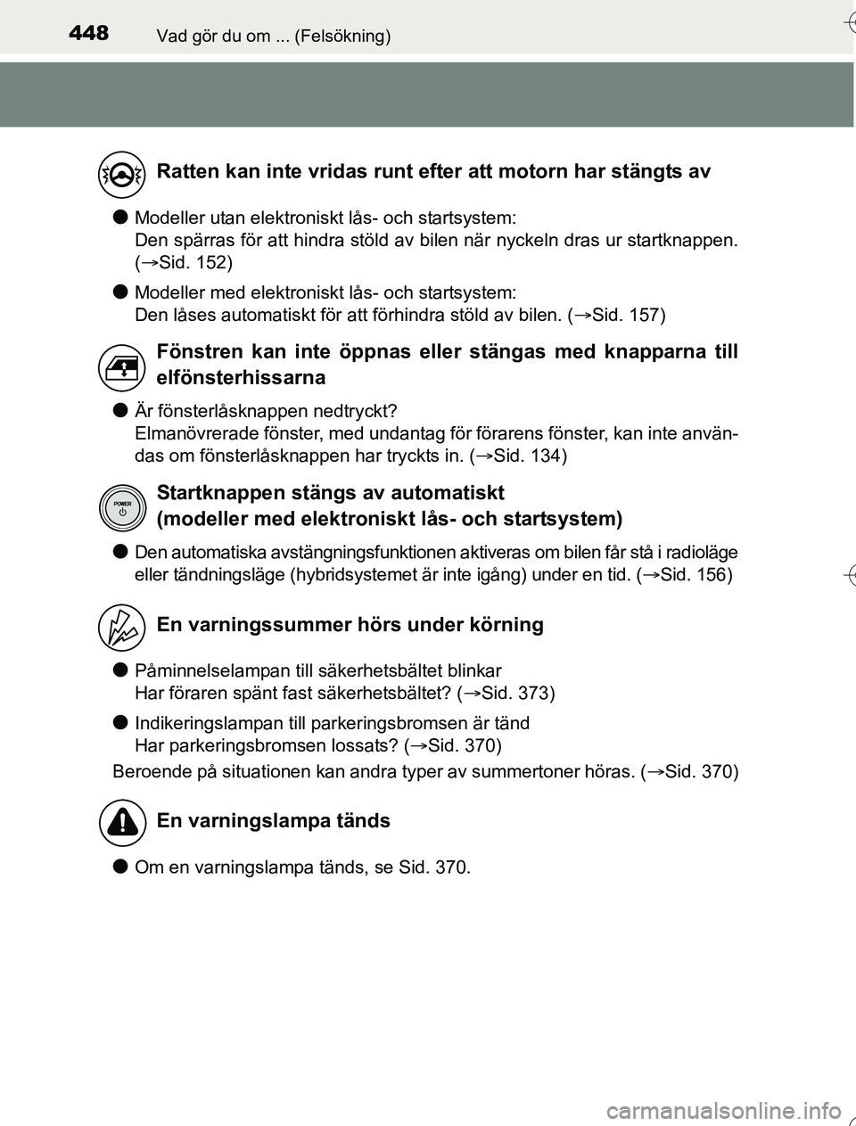 TOYOTA YARIS 2016 Bruksanvisningar (in Swedish) 448Vad gör du om ... (Felsökning)
OM52G76SE
lModeller utan elektroniskt lås- och startsystem:
Den spärras för att hindra stöld av bilen när nyckeln dras ur startknappen.
(Sid. 152)
lModelle TOYOTA YARIS 2016 Bruksanvisningar (in Swedish) 448Vad gör du om ... (Felsökning)
OM52G76SE
lModeller utan elektroniskt lås- och startsystem:
Den spärras för att hindra stöld av bilen när nyckeln dras ur startknappen.
(Sid. 152)
lModelle