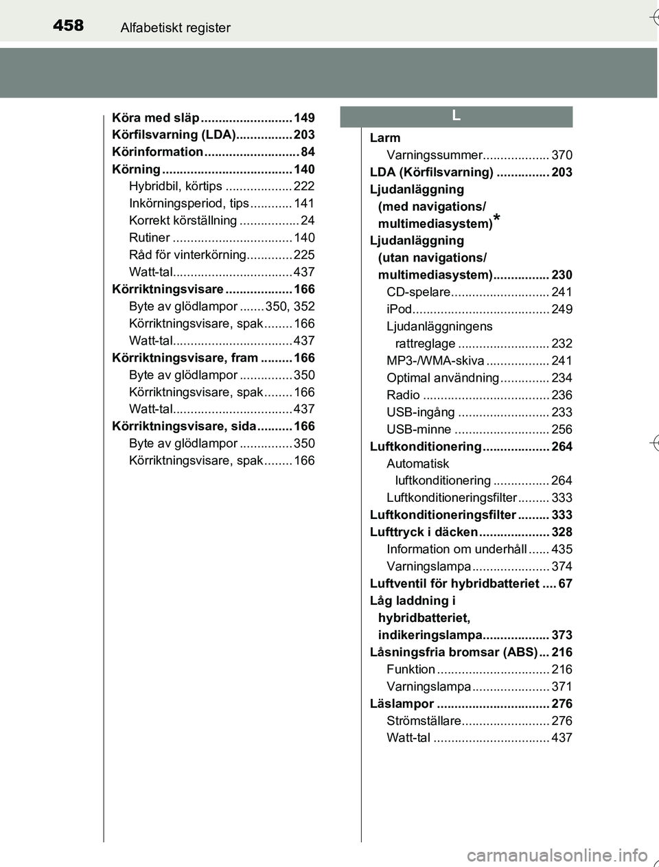 TOYOTA YARIS 2016 Bruksanvisningar (in Swedish) 458Alfabetiskt register
OM52G76SE
Köra med släp .......................... 149
Körfilsvarning (LDA)................ 203
Körinformation ........................... 84
Körning ..................... TOYOTA YARIS 2016 Bruksanvisningar (in Swedish) 458Alfabetiskt register
OM52G76SE
Köra med släp .......................... 149
Körfilsvarning (LDA)................ 203
Körinformation ........................... 84
Körning .....................