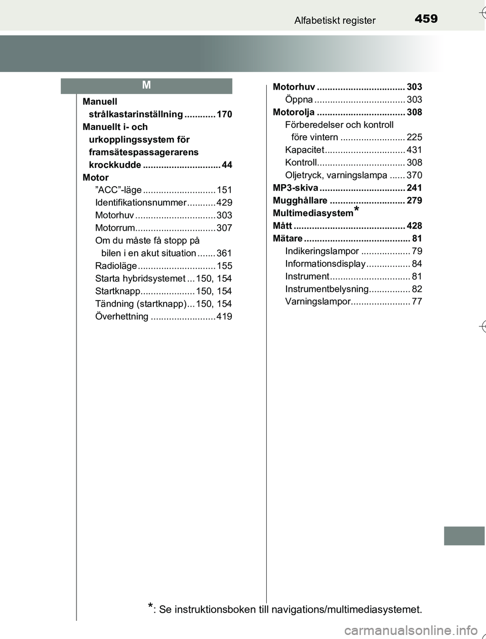 TOYOTA YARIS 2016 Bruksanvisningar (in Swedish) 459Alfabetiskt register
OM52G76SE
Manuell strålkastarinställning ............ 170
Manuellt i- och urkopplingssy stem för
framsätespassagerarens
krockkudde .............................. 44
Moto TOYOTA YARIS 2016 Bruksanvisningar (in Swedish) 459Alfabetiskt register
OM52G76SE
Manuell strålkastarinställning ............ 170
Manuellt i- och urkopplingssy stem för
framsätespassagerarens
krockkudde .............................. 44
Moto