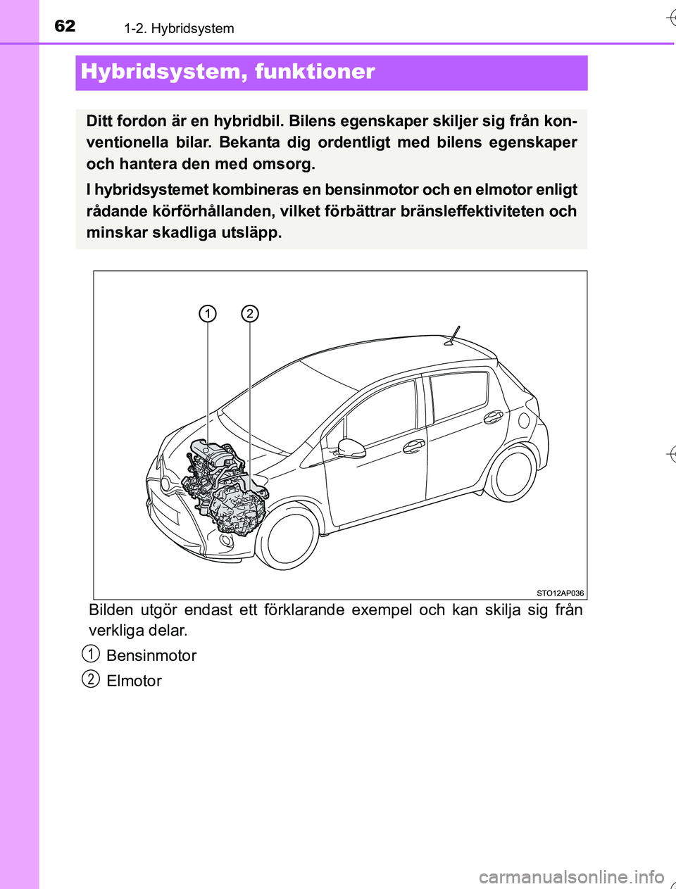 TOYOTA YARIS 2016 Bruksanvisningar (in Swedish) 621-2. Hybridsystem
OM52G76SE
Hybridsystem, funktioner
Bilden utgör endast ett förklarand e exempel och kan skilja sig från
verkliga delar.
Bensinmotor
Elmotor
Ditt fordon är en hybridbil. Bilens TOYOTA YARIS 2016 Bruksanvisningar (in Swedish) 621-2. Hybridsystem
OM52G76SE
Hybridsystem, funktioner
Bilden utgör endast ett förklarand e exempel och kan skilja sig från
verkliga delar.
Bensinmotor
Elmotor
Ditt fordon är en hybridbil. Bilens