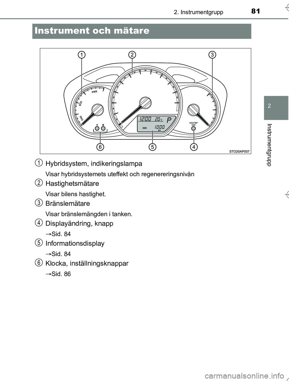 TOYOTA YARIS 2016 Bruksanvisningar (in Swedish) 81
2
2. Instrumentgrupp
Instrumentgrupp
OM52G76SE
Instrument och mätare
Hybridsystem, indikeringslampa
Visar hybridsystemets uteffekt och regenereringsnivån
Hastighetsmätare
Visar bilens hastighet. TOYOTA YARIS 2016 Bruksanvisningar (in Swedish) 81
2
2. Instrumentgrupp
Instrumentgrupp
OM52G76SE
Instrument och mätare
Hybridsystem, indikeringslampa
Visar hybridsystemets uteffekt och regenereringsnivån
Hastighetsmätare
Visar bilens hastighet.