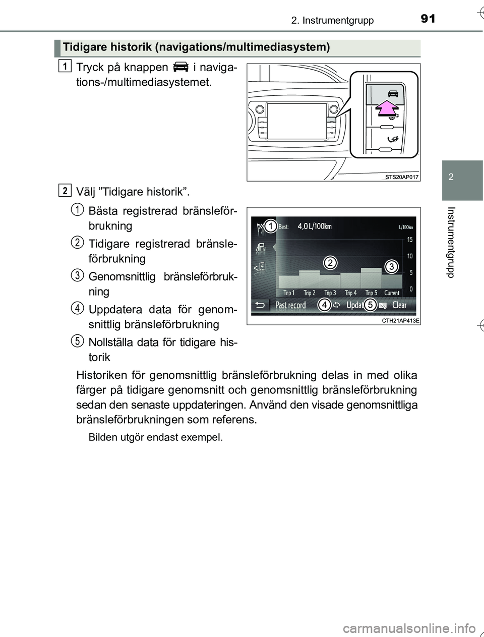 TOYOTA YARIS 2016  Bruksanvisningar (in Swedish) 912. Instrumentgrupp
2
Instrumentgrupp
OM52G76SE
Tryck på knappen   i naviga-
tions-/multimediasystemet.
Välj ”Tidigare historik”.Bästa registrerad bränsleför-
brukning
Tidigare registrerad b