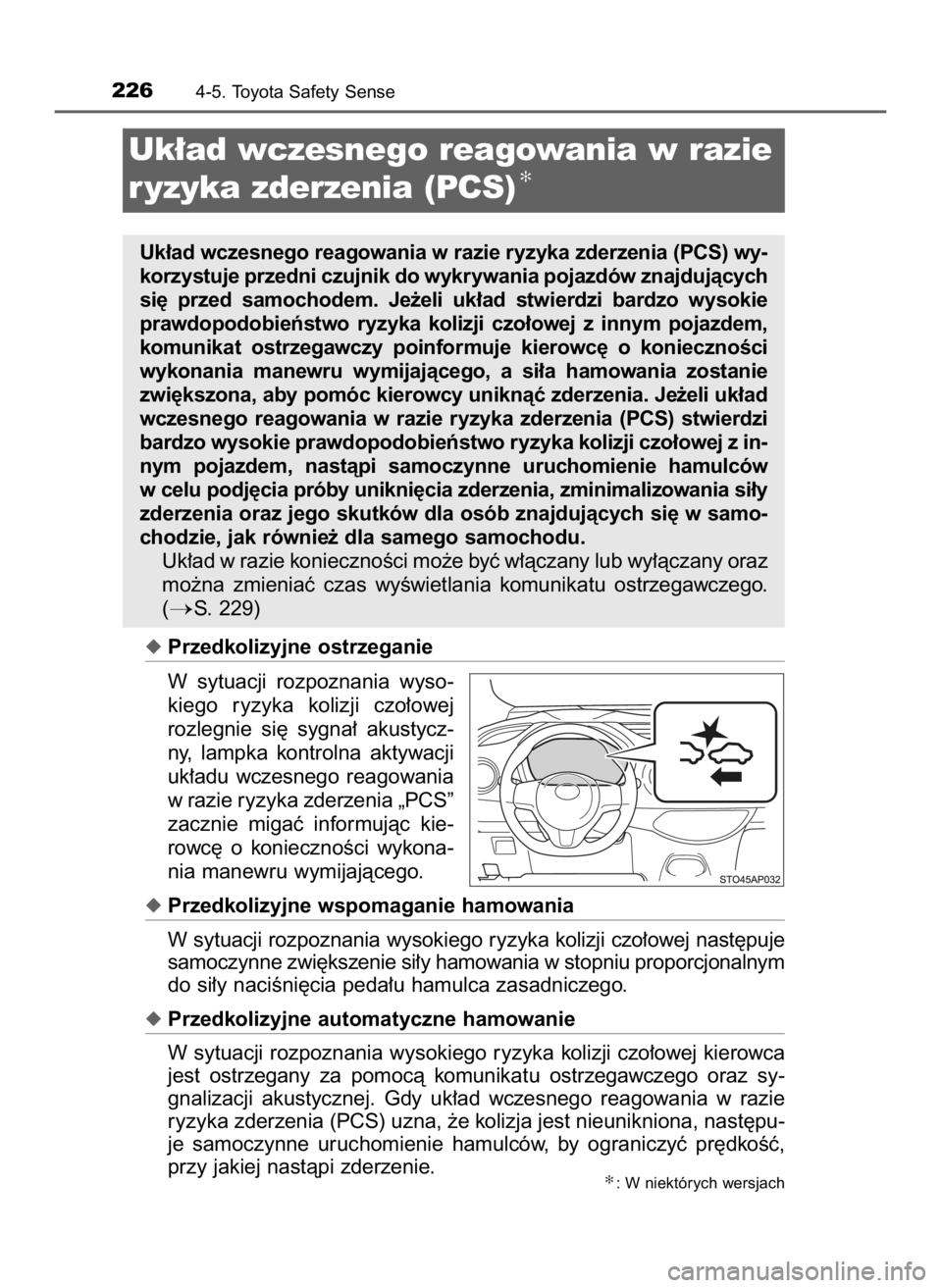 TOYOTA YARIS 2017  Instrukcja obsługi (in Polish) Przedkolizyjne ostrzeganie
W sytuacji  rozpoznania  wyso-
kiego  ryzyka  kolizji  czo∏owej
rozlegnie  si´  sygna∏  akustycz-
ny,  lampka  kontrolna  aktywacji
uk∏adu  wczesnego  reagowania
w r