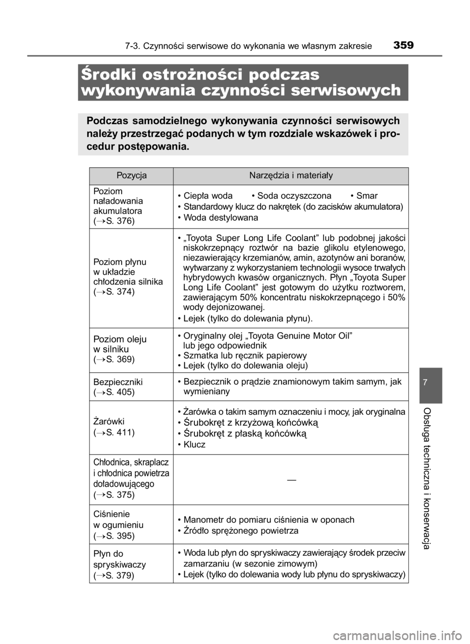 TOYOTA YARIS 2017  Instrukcja obsługi (in Polish) 7-3. CzynnoÊci serwisowe do wykonania we w∏asnym zakresie359
7
Obs∏uga techniczna i konserwacja
Ârodki ostro˝noÊci podczas 
wykonywania czynnoÊci serwisowych
Podczas  samodzielnego  wykonywan