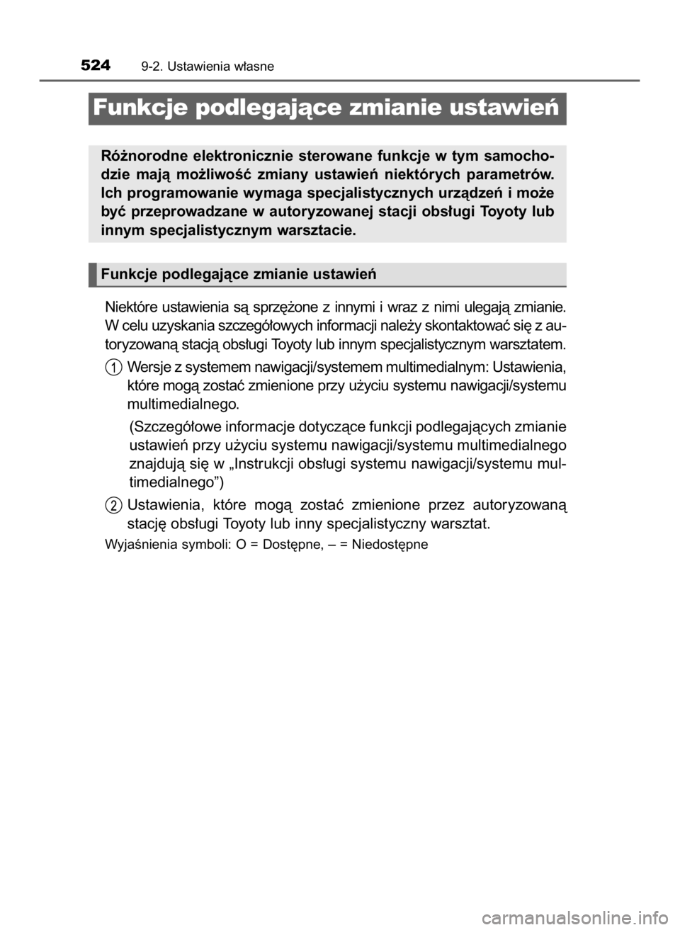 TOYOTA YARIS 2017  Instrukcja obsługi (in Polish) Niektóre  ustawienia  sà  sprz´˝one  z innymi  i wraz  z nimi  ulegajà  zmianie.
W celu uzyskania szczegó∏owych informacji nale˝y skontaktowaç si´ z au-
toryzowanà stacjà obs∏ugi Toyoty