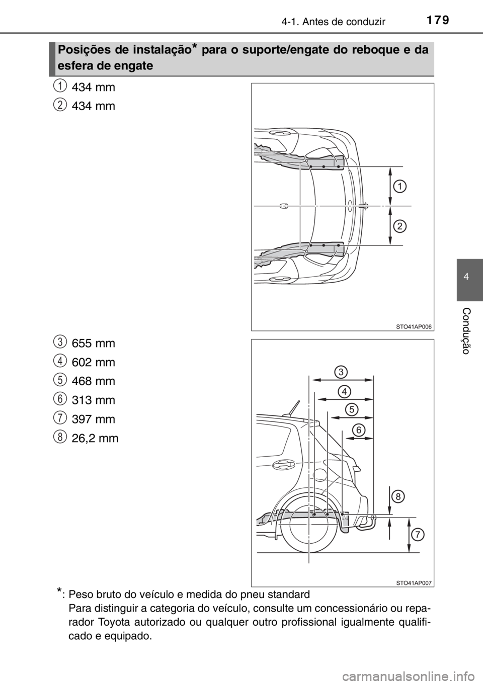 TOYOTA YARIS 2017 Manual de utilização (in Portuguese) 1794-1. Antes de conduzir
4
Condução
434 mm
434 mm
655 mm
602 mm
468 mm
313 mm
397 mm
26,2 mm
*: Peso bruto do veículo e medida do pneu standard
Para distinguir a categoria do veículo, cons TOYOTA YARIS 2017 Manual de utilização (in Portuguese) 1794-1. Antes de conduzir
4
Condução
434 mm
434 mm
655 mm
602 mm
468 mm
313 mm
397 mm
26,2 mm
*: Peso bruto do veículo e medida do pneu standard
Para distinguir a categoria do veículo, cons