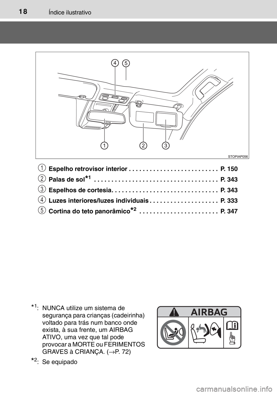 TOYOTA YARIS 2017 Manual de utilização (in Portuguese) 18Índice ilustrativo
Espelho retrovisor interior . . . . . . . . . . . . . . . . . . . . . . . . . . P. 150
Palas de sol
*1 . . . . . . . . . . . . . . . . . . . . . . . . . . . . . . . . . . . . P TOYOTA YARIS 2017 Manual de utilização (in Portuguese) 18Índice ilustrativo
Espelho retrovisor interior . . . . . . . . . . . . . . . . . . . . . . . . . . P. 150
Palas de sol
*1 . . . . . . . . . . . . . . . . . . . . . . . . . . . . . . . . . . . . P