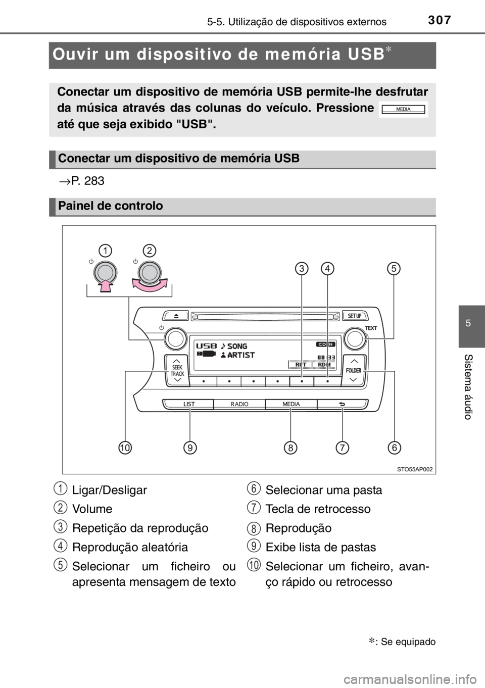 TOYOTA YARIS 2017 Manual de utilização (in Portuguese) 307
5
5-5. Utilização de dispositivos externos
Sistema áudio
Ouvir um dispositivo de memória USB∗
→P. 283
∗: Se equipado
Conectar um dispositivo de memória USB permite-lhe desfrutar
da mús TOYOTA YARIS 2017 Manual de utilização (in Portuguese) 307
5
5-5. Utilização de dispositivos externos
Sistema áudio
Ouvir um dispositivo de memória USB∗
→P. 283
∗: Se equipado
Conectar um dispositivo de memória USB permite-lhe desfrutar
da mús