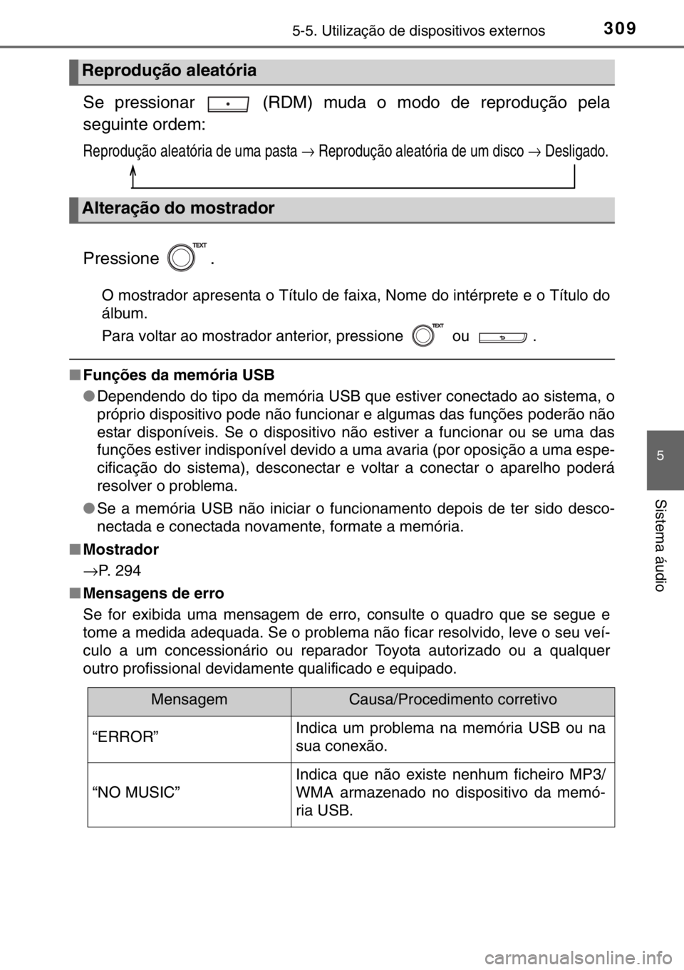TOYOTA YARIS 2017 Manual de utilização (in Portuguese) 3095-5. Utilização de dispositivos externos
5
Sistema áudio
Se pressionar (RDM) muda o modo de reprodução pela
seguinte ordem:
Reprodução aleatória de uma pasta → Reprodução aleatória d TOYOTA YARIS 2017 Manual de utilização (in Portuguese) 3095-5. Utilização de dispositivos externos
5
Sistema áudio
Se pressionar (RDM) muda o modo de reprodução pela
seguinte ordem:
Reprodução aleatória de uma pasta → Reprodução aleatória d