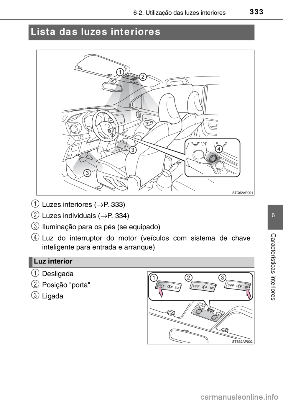 TOYOTA YARIS 2017 Manual de utilização (in Portuguese) 3336-2. Utilização das luzes interiores
6
Características interiores
Lista das luzes interiores
Desligada
Posição "porta"
Ligada
Luzes interiores (→P. 333)
Luzes individuais (→P. 334) TOYOTA YARIS 2017 Manual de utilização (in Portuguese) 3336-2. Utilização das luzes interiores
6
Características interiores
Lista das luzes interiores
Desligada
Posição "porta"
Ligada
Luzes interiores (→P. 333)
Luzes individuais (→P. 334)