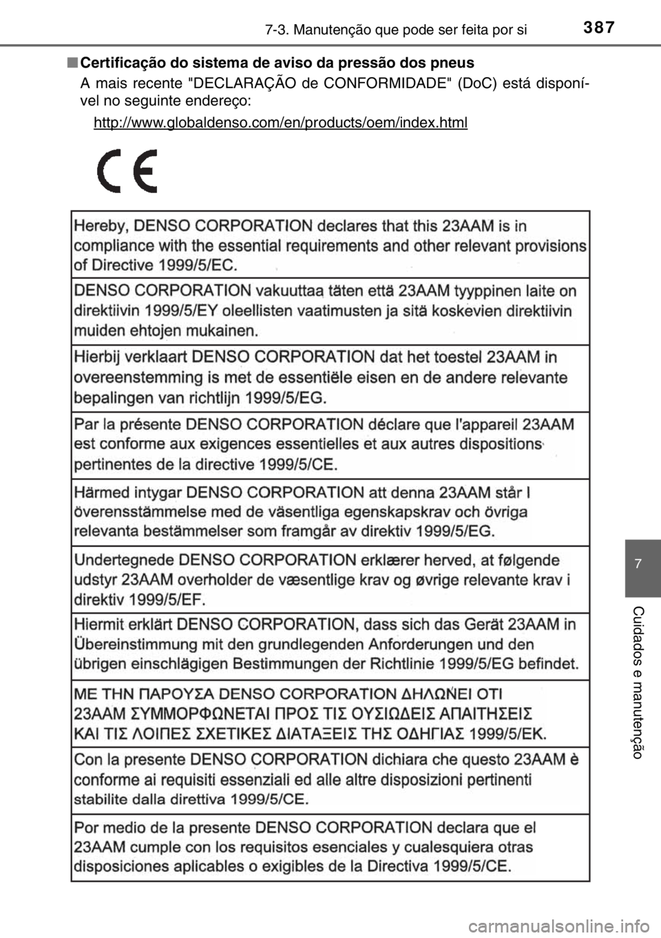 TOYOTA YARIS 2017 Manual de utilização (in Portuguese) 3877-3. Manutenção que pode ser feita por si
7
Cuidados e manutenção
■Certificação do sistema de aviso da pressão dos pneus
A mais recente "DECLARAÇÃO de CONFORMIDADE" (DoC) está d TOYOTA YARIS 2017 Manual de utilização (in Portuguese) 3877-3. Manutenção que pode ser feita por si
7
Cuidados e manutenção
■Certificação do sistema de aviso da pressão dos pneus
A mais recente "DECLARAÇÃO de CONFORMIDADE" (DoC) está d